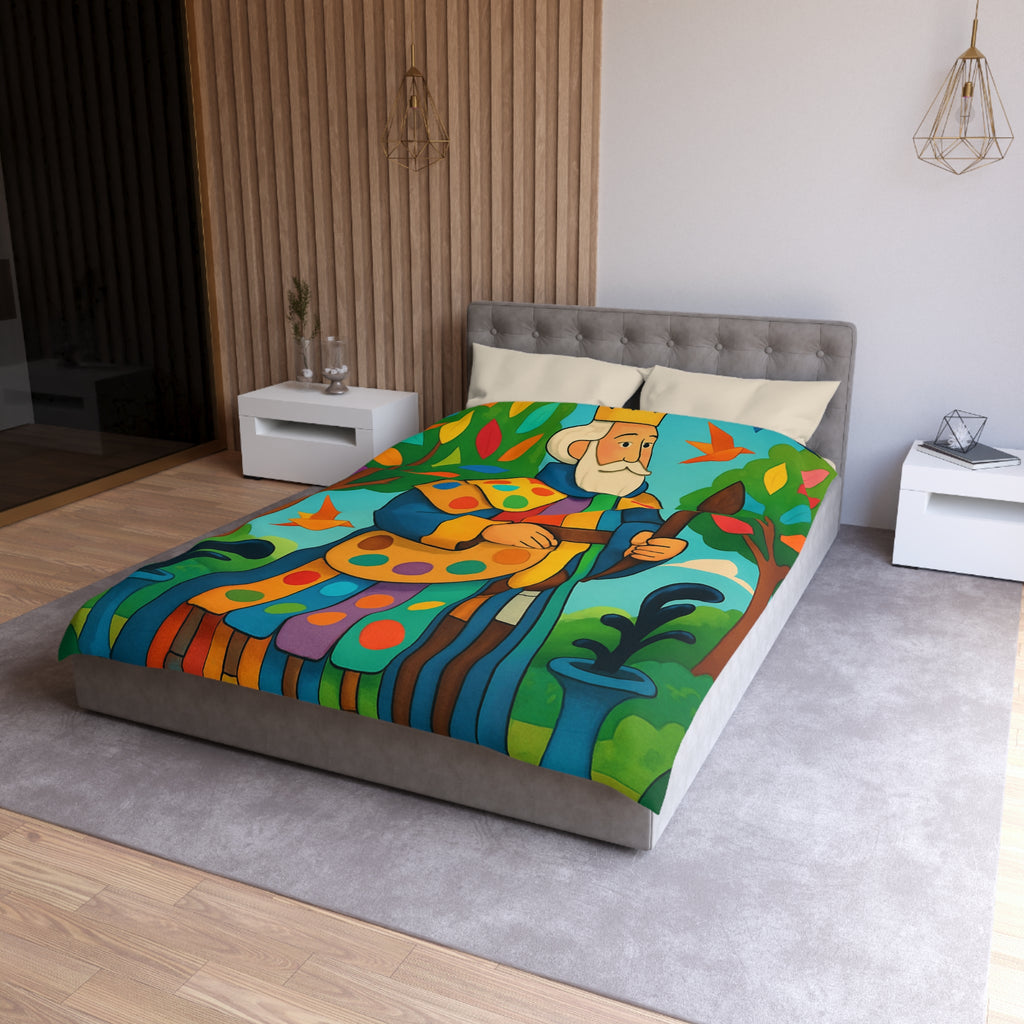 Housse de couette multicolore avec roi et oiseaux dans un jardin enchanteur