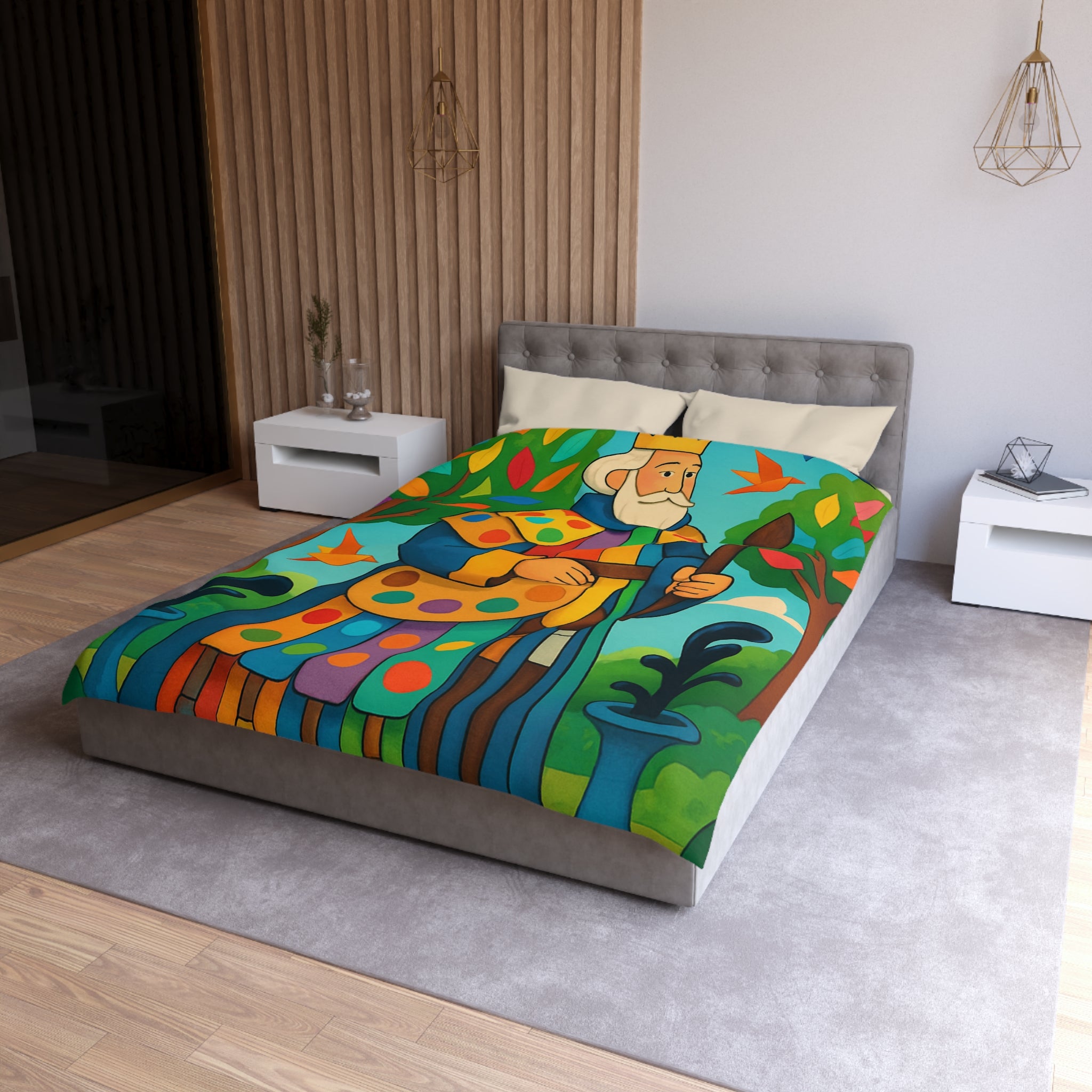 Housse de couette multicolore avec roi et oiseaux dans un jardin enchanteur