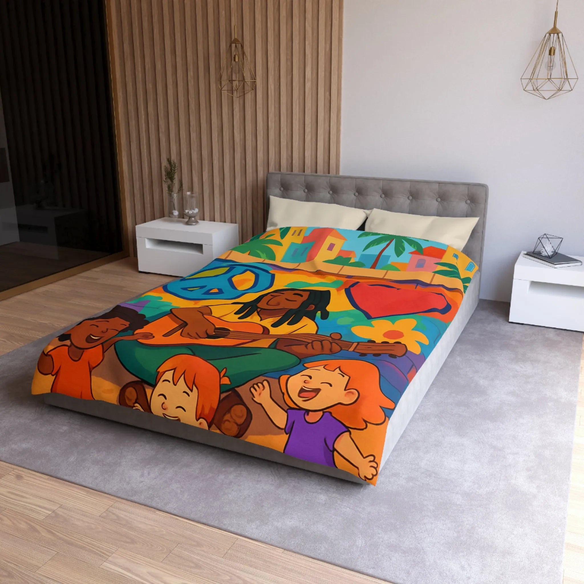 Housse de Couette Colorée avec Musicien Jouant de la Guitare pour Enfants Heureux