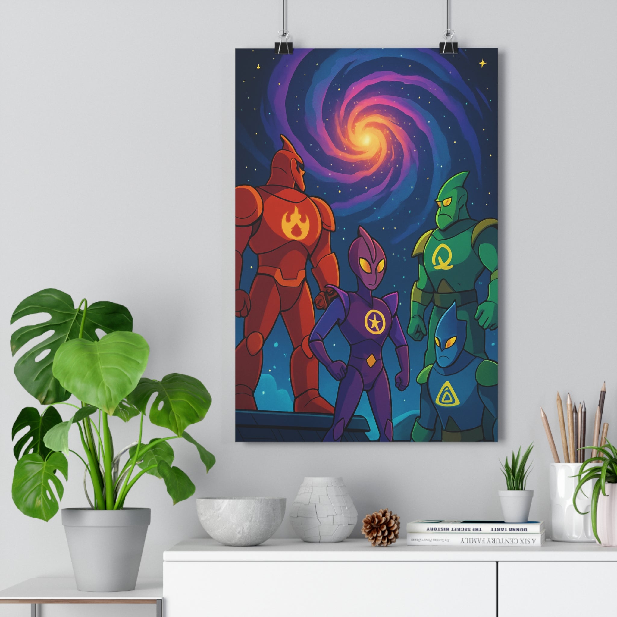 Poster décoratif cartoon héros aventure violet jaune galaxie fantastique chambre salon enfant tendance moderne