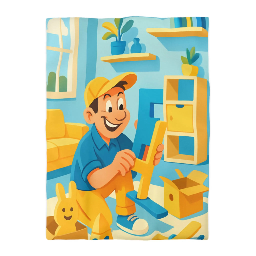 Housse de couette colorée avec personnage joyeux assemblant des jouets dans une pièce ensoleillée