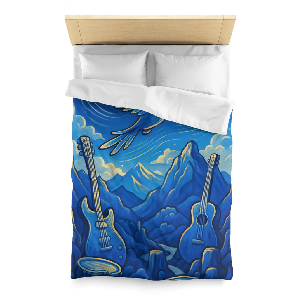 Housse de couette mélodieuse avec oiseau bleu et instruments de musique en montagne