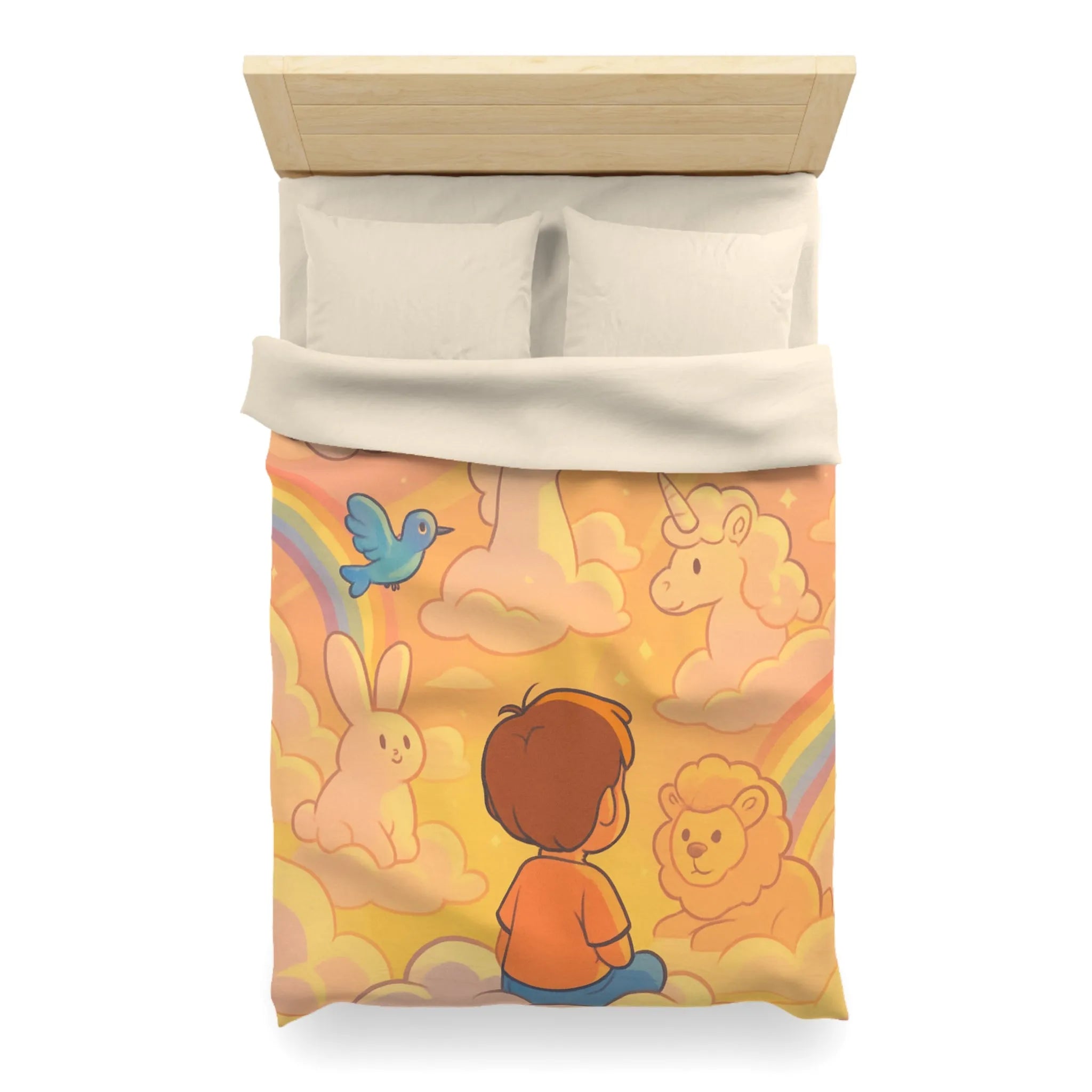 Housse de Couette Enfantine avec Licornes, Lapins et Oiseaux dans les Nuages Pastels