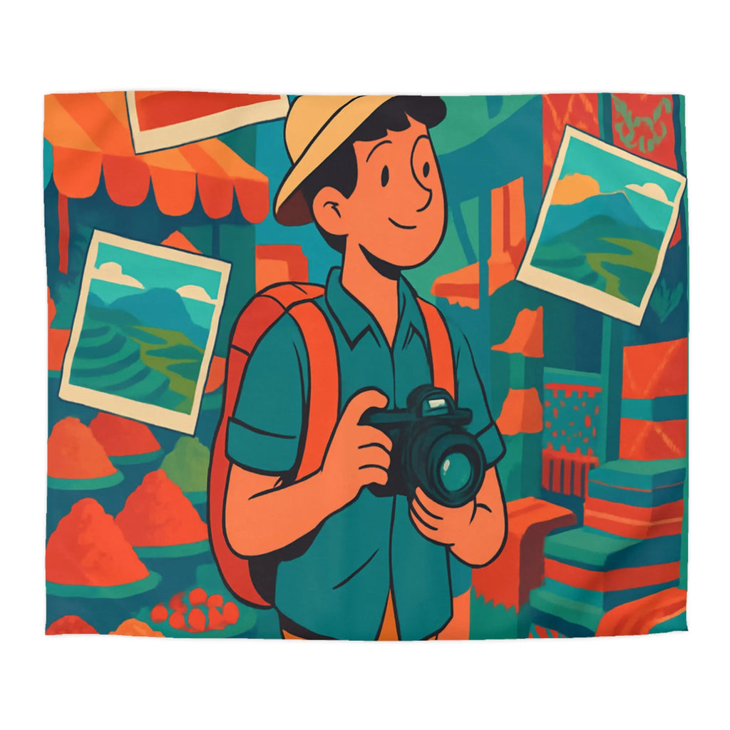 Housse de Couette Colorée avec Voyageur Photographiant un Marché Animé et Vibrant