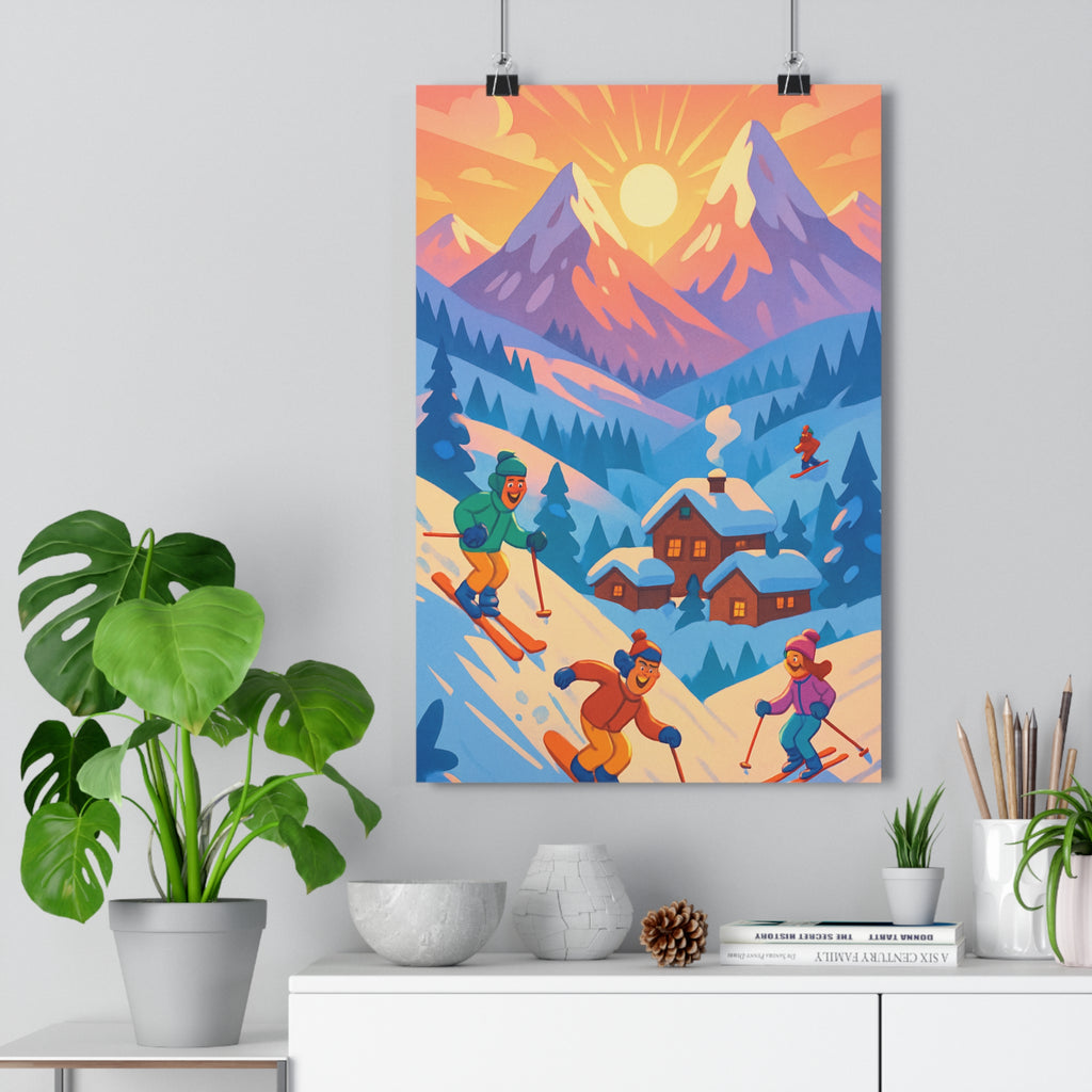 Poster décoratif cartoon hiver neige montagne joyeux salon chambre chalet aventure skieur 30x46 qualité