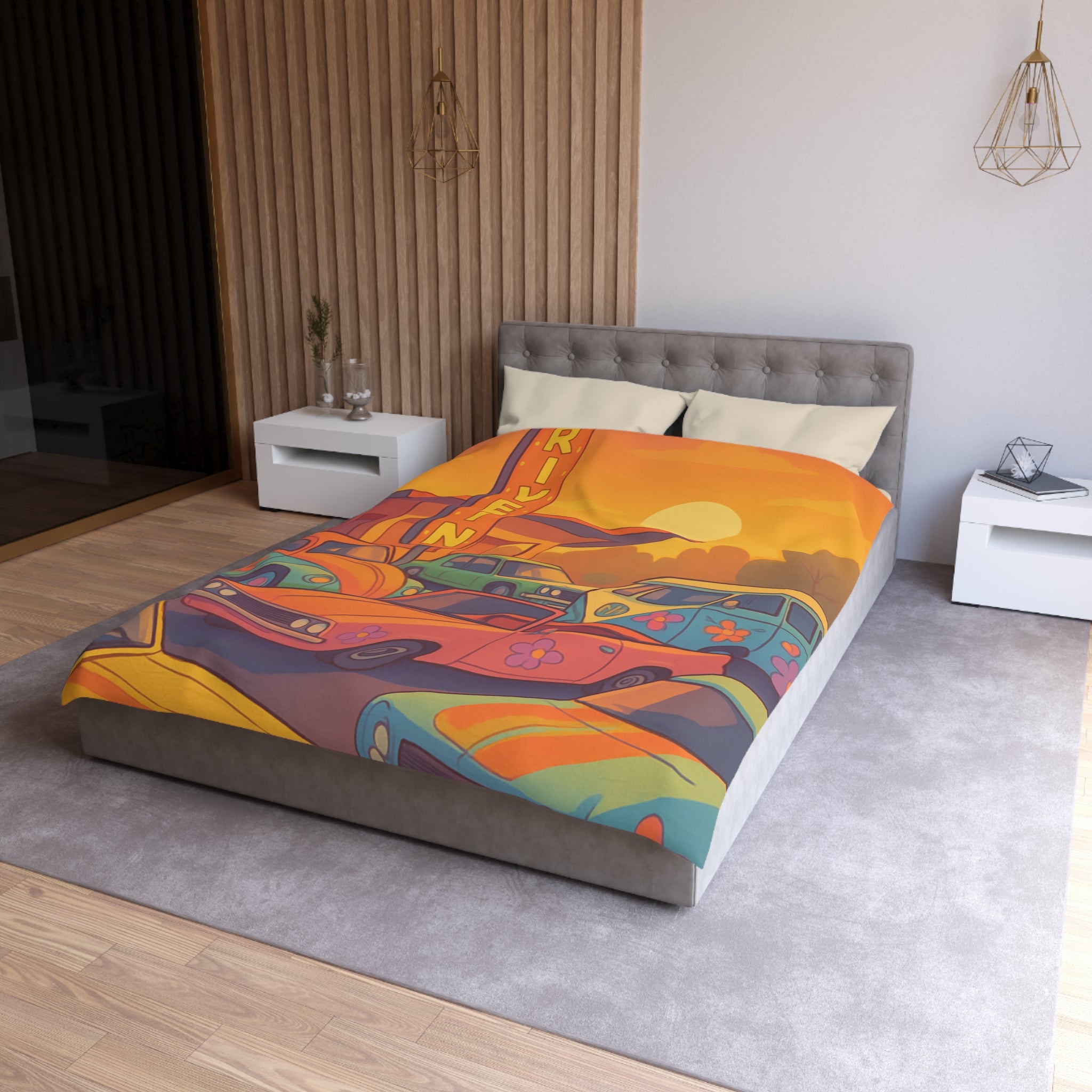 Vintage Style Housse de Couette Avec Anciennes Voitures et Coucher de Soleil Orange