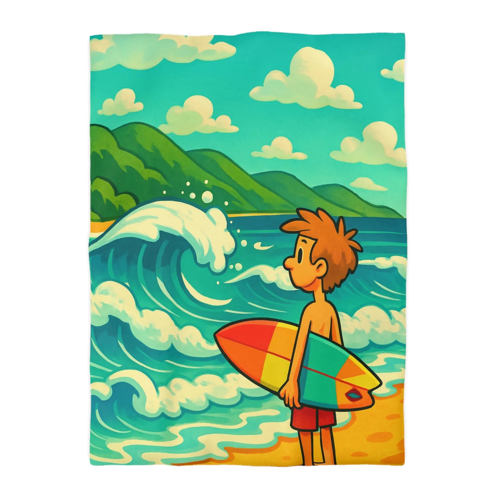 Housse de couette avec dessin coloré de plage pour enfants et surfeur