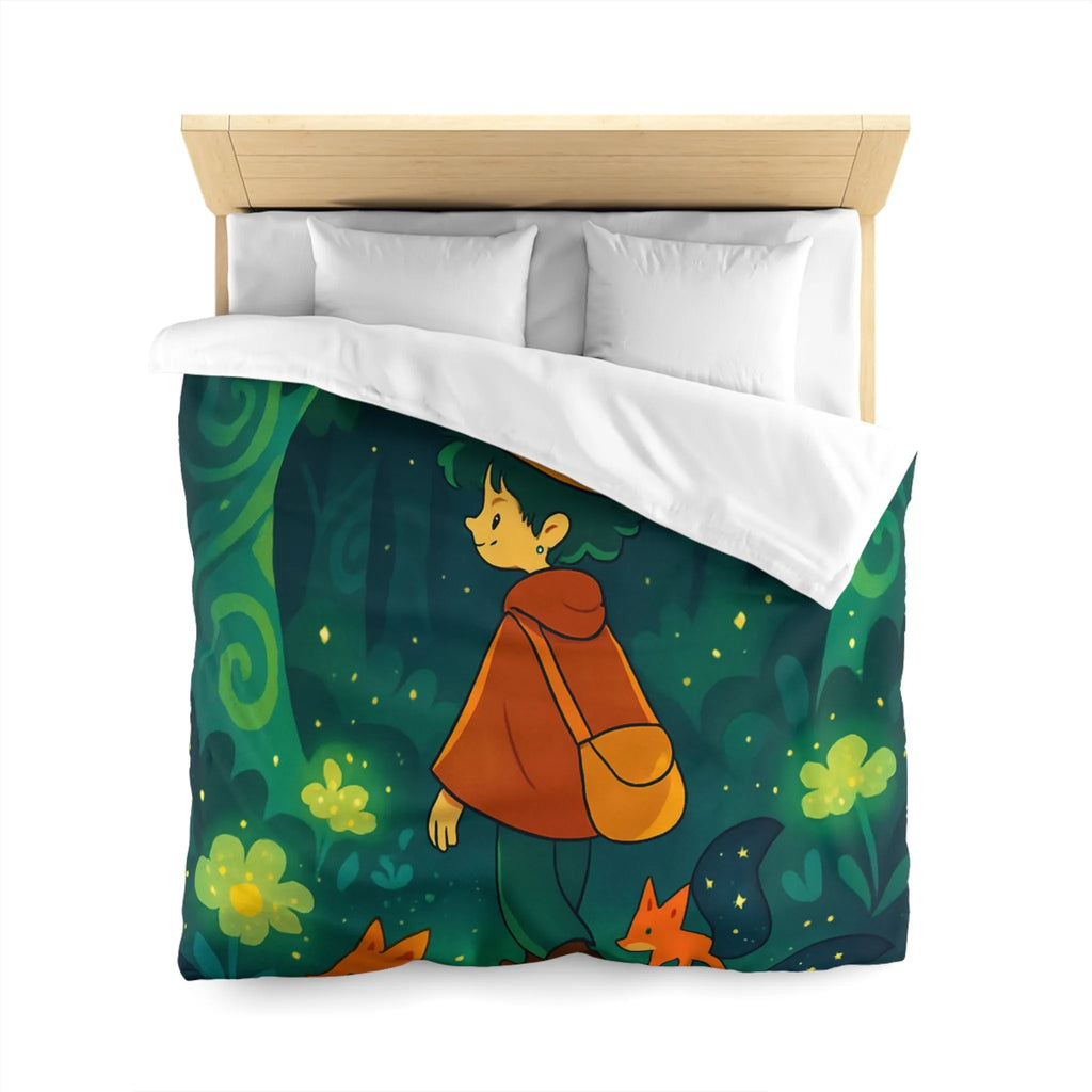 Housse de Couette Forêt Enchantée Enfants Renards Orange Jaune Vert Fantaisie Nuit