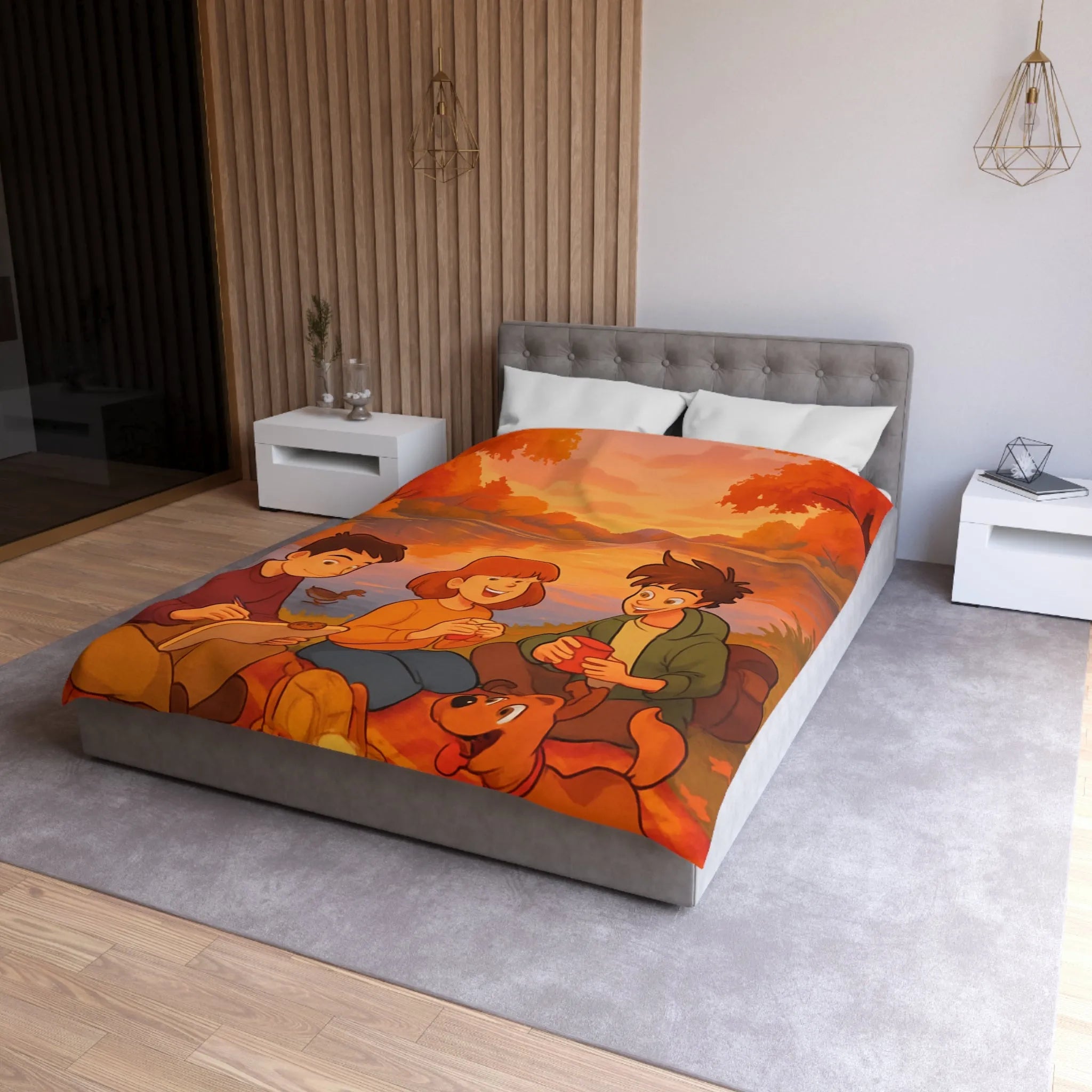 Housse de couette illustrée avec scène automnale de pique-nique au bord d'un lac