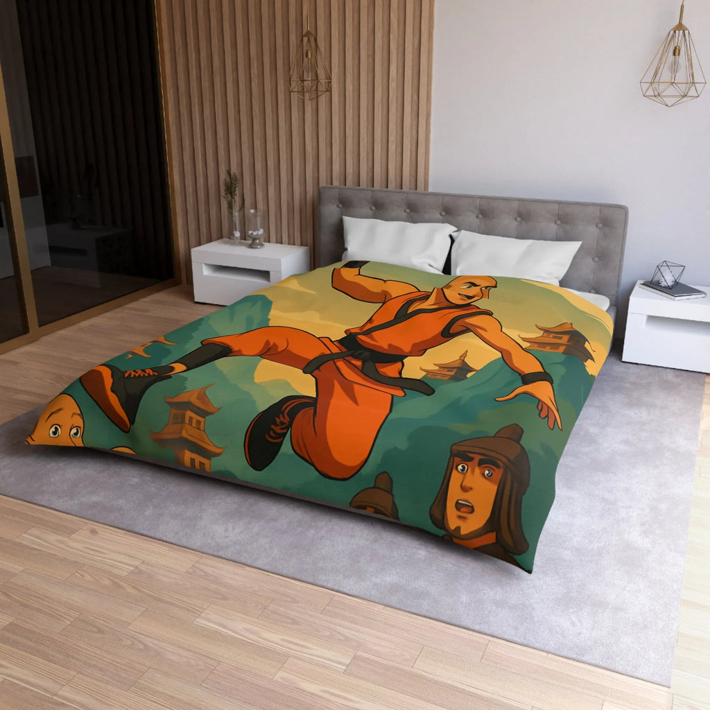 Housse de Couette Art Martial Moine avec Ballon de Basket en Feu Paysage Montagneux