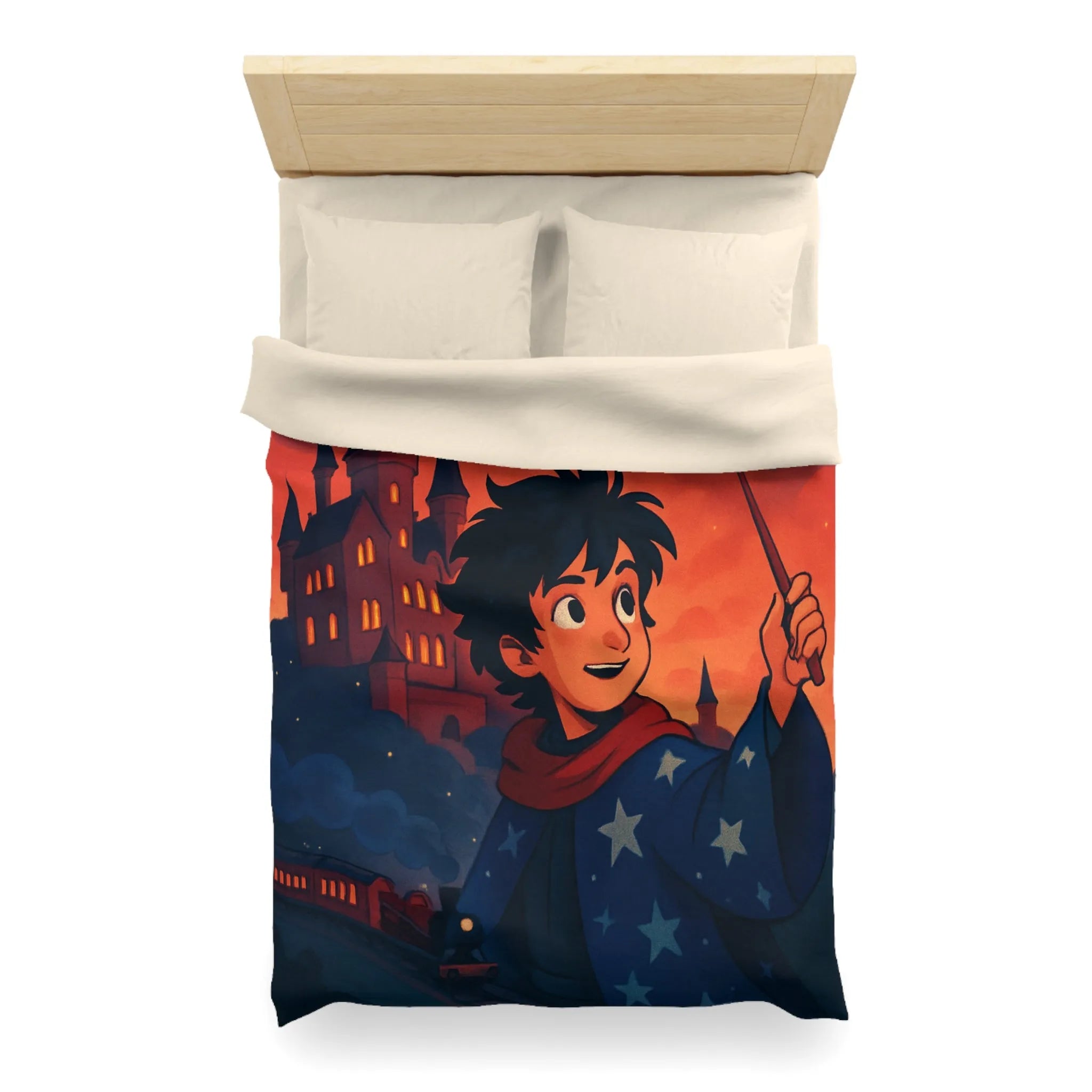 Housse de Couette Enfant Magie Château Nuit Feu d'Artifice Dragon et Hibou