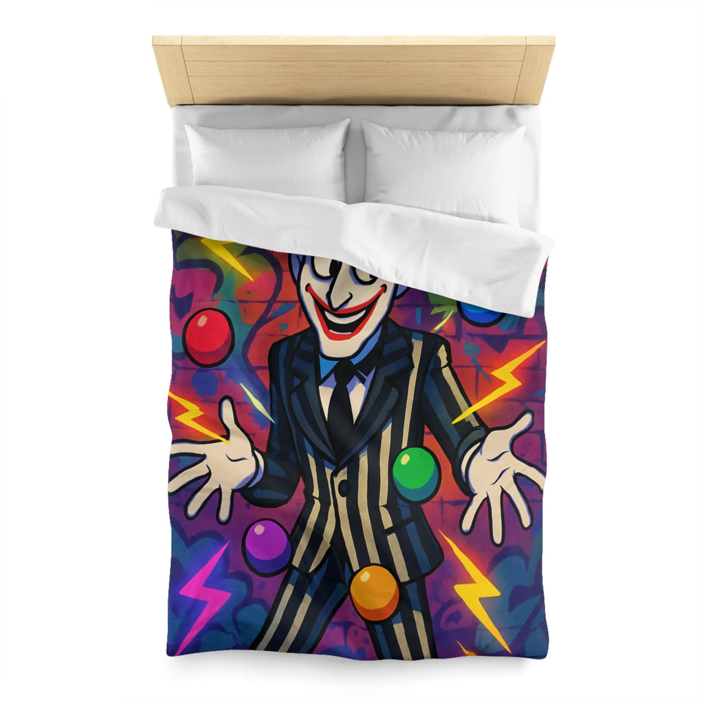 Housse de couette clown rayé jonglant avec des éclairs et des formes colorées