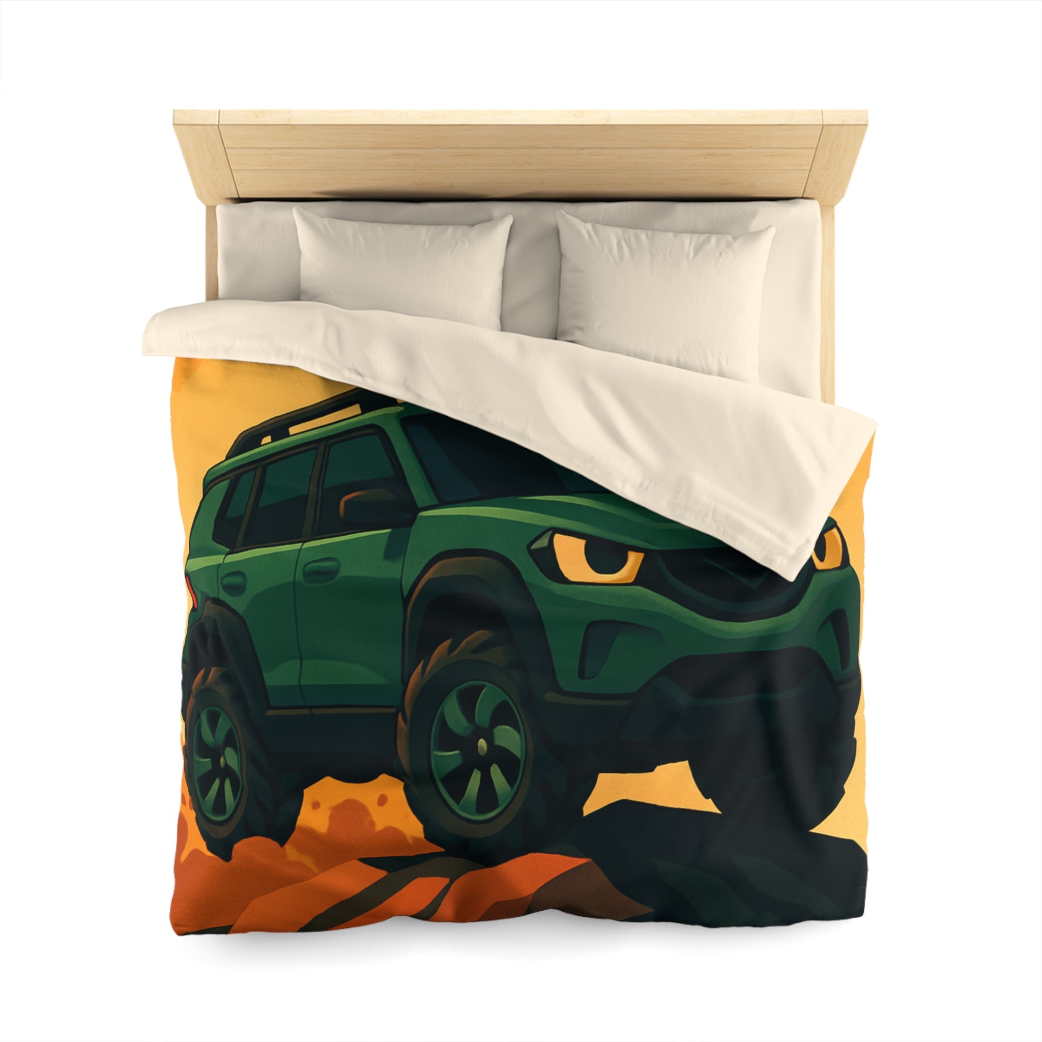 Housse de couette SUV vert, illustrée, ambiance aventure, nuages orange, montagne rocailleuse