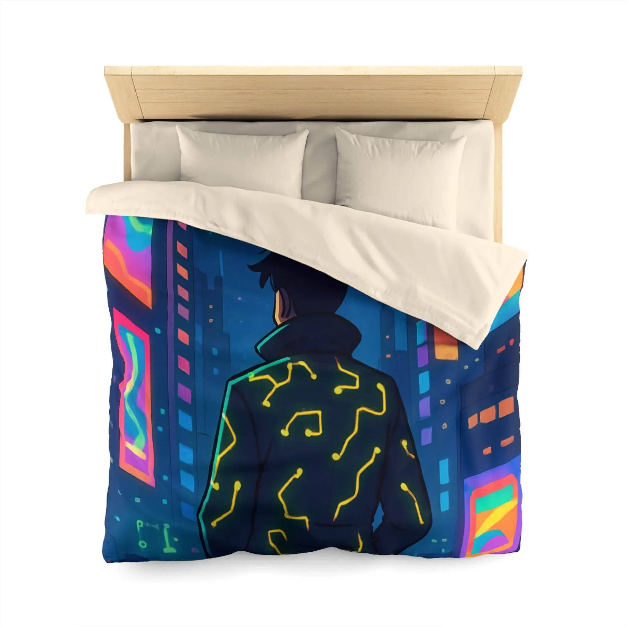 Housse de couette futuriste avec affichage numérique néon dans une ville cyberpunk