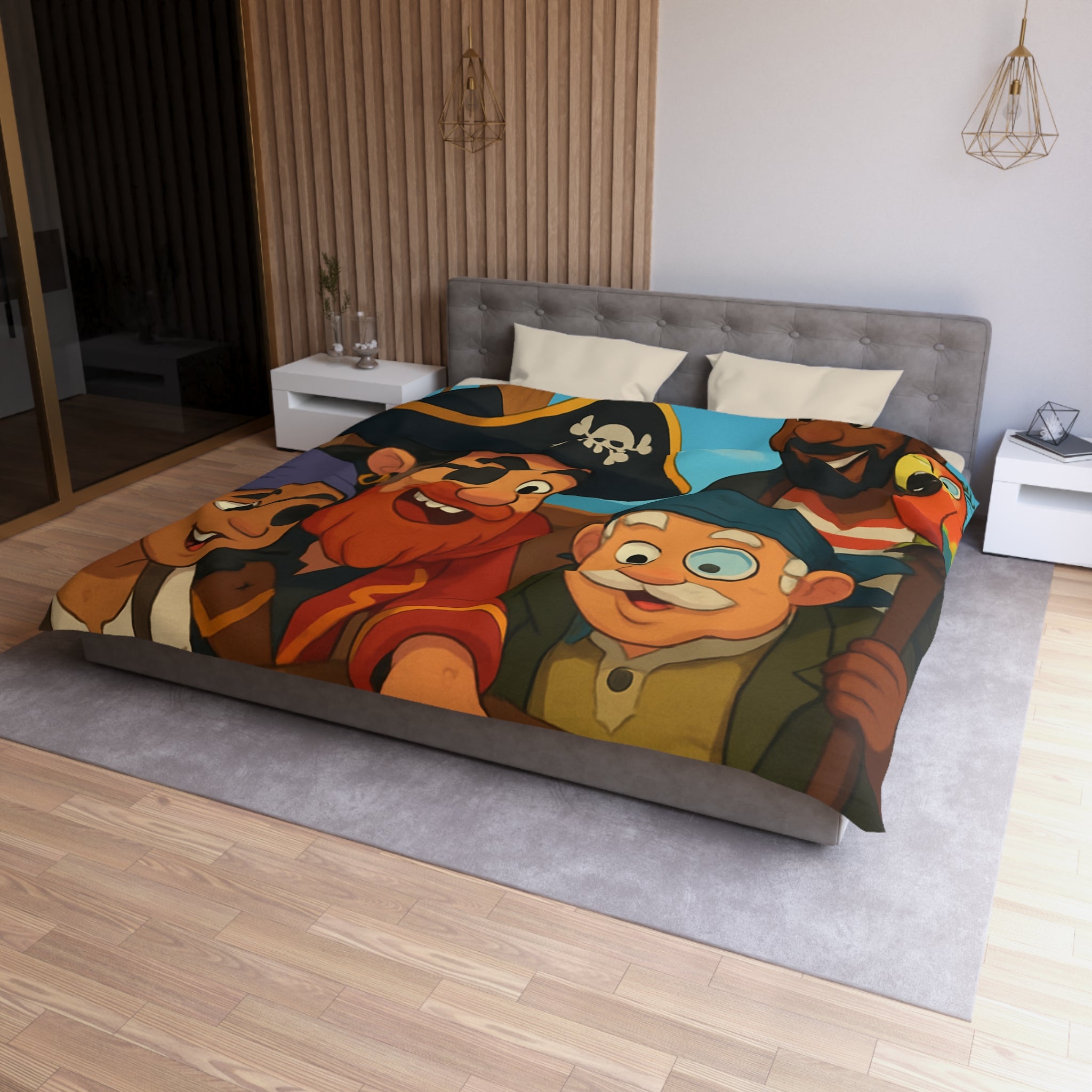 Housse de couette pirate colorée avec carte au trésor et équipage amical joyeux