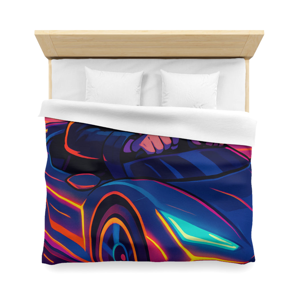 Housse de couette urbaine rétro futuriste avec néons et voiture sportive élégante