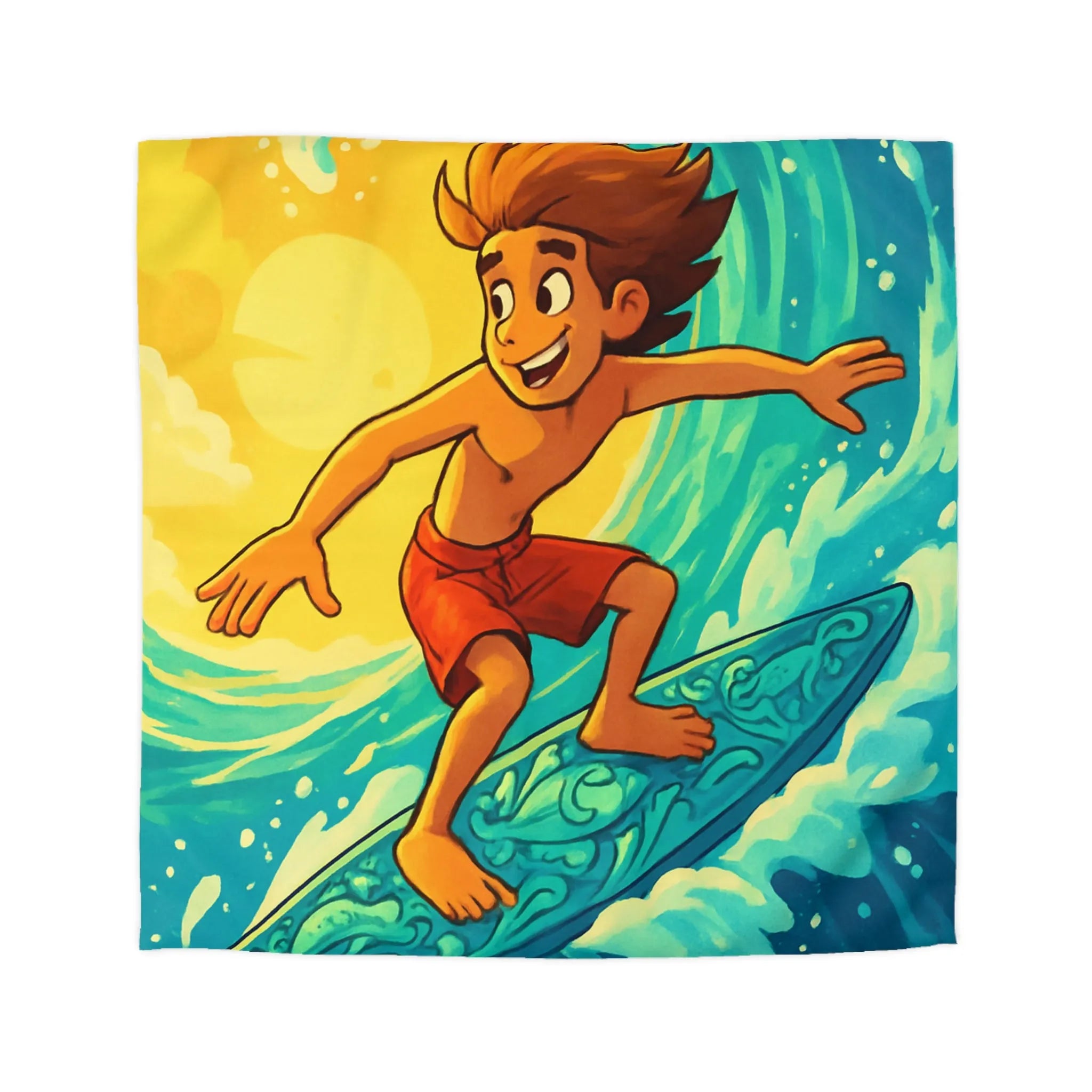 Enfant vibrant surfe sur vague turquoise sous ciel jaune vif artistique et joyeux