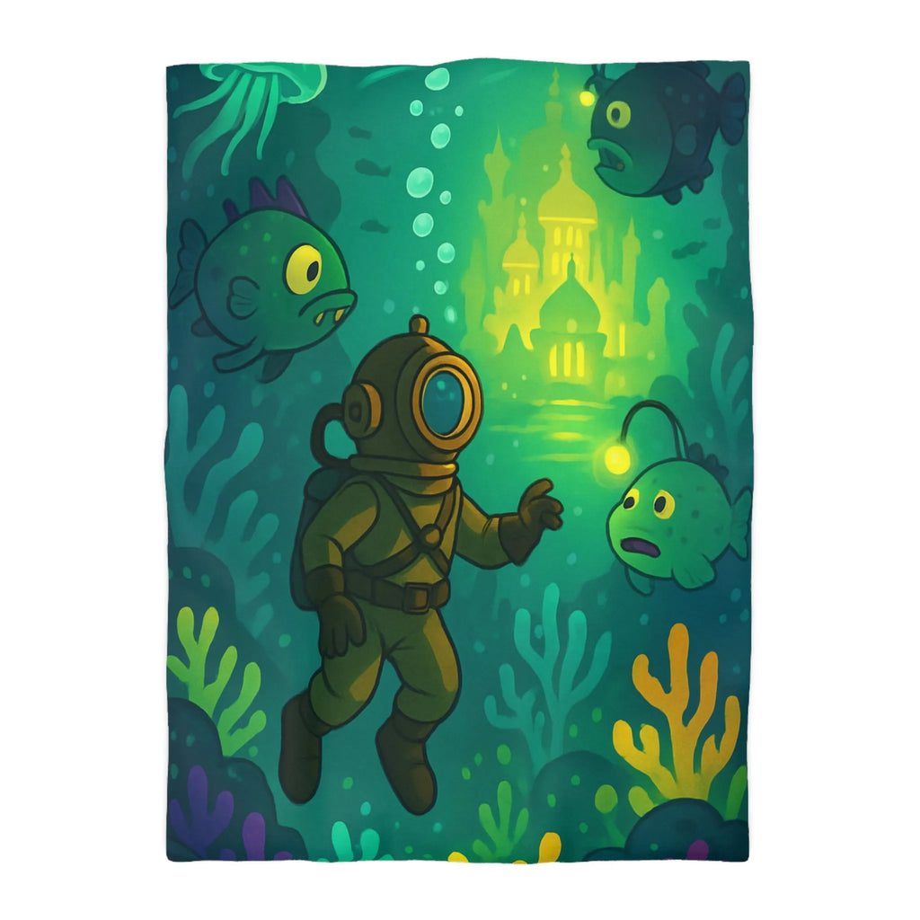 Décor de lit avec scaphandrier et poissons lumineux dans une cité sous-marine fantastique