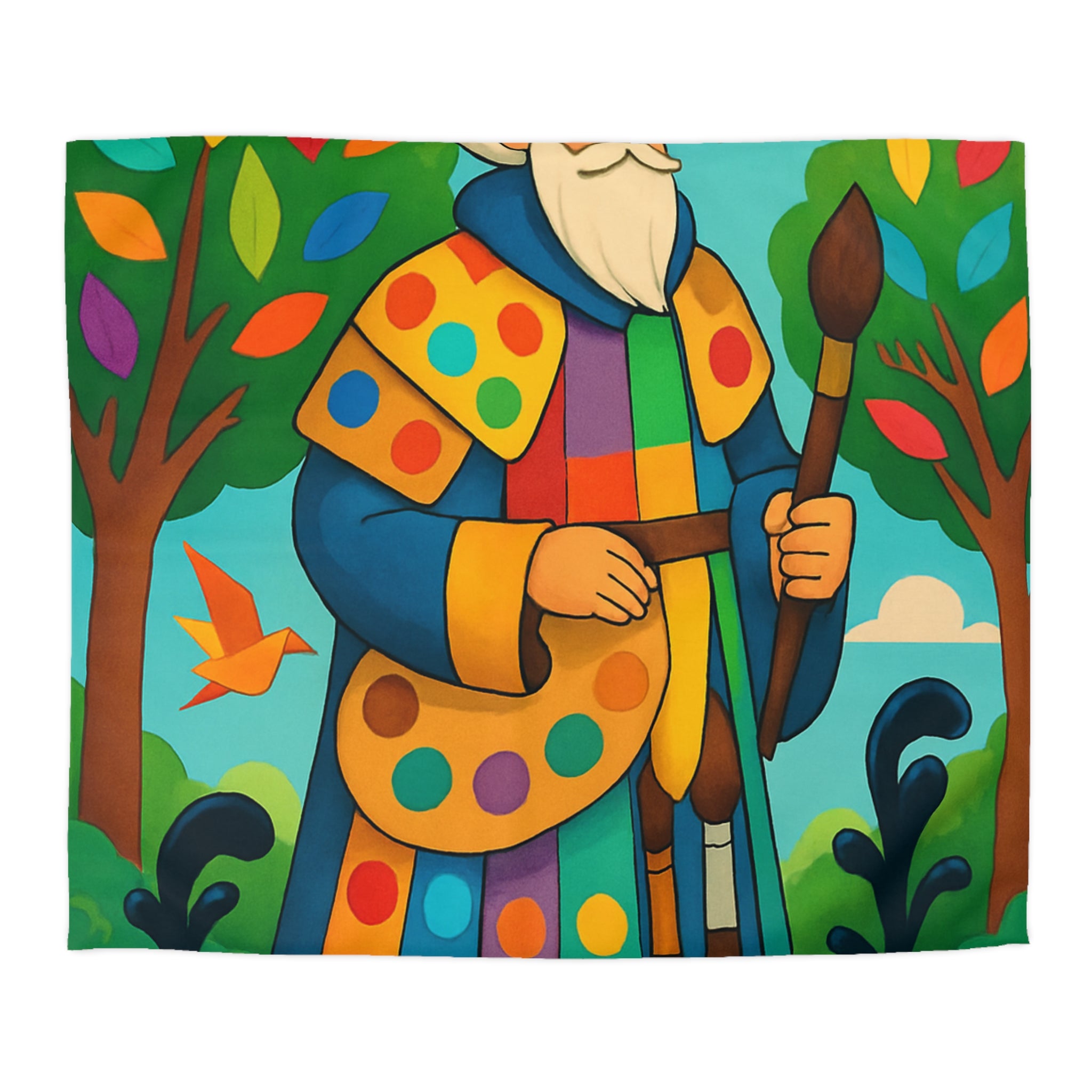 Housse de couette multicolore avec roi et oiseaux dans un jardin enchanteur