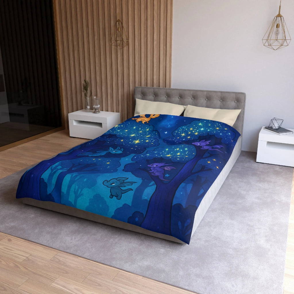Housse de couette forêt nocturne enchantée avec dragons colorés et ciel étoilé