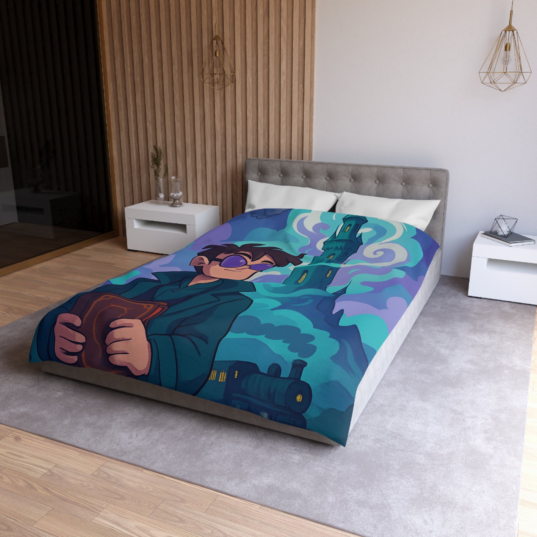 Housse de couette mystérieuse illustrant tour magique, train vapeur et hibou volant