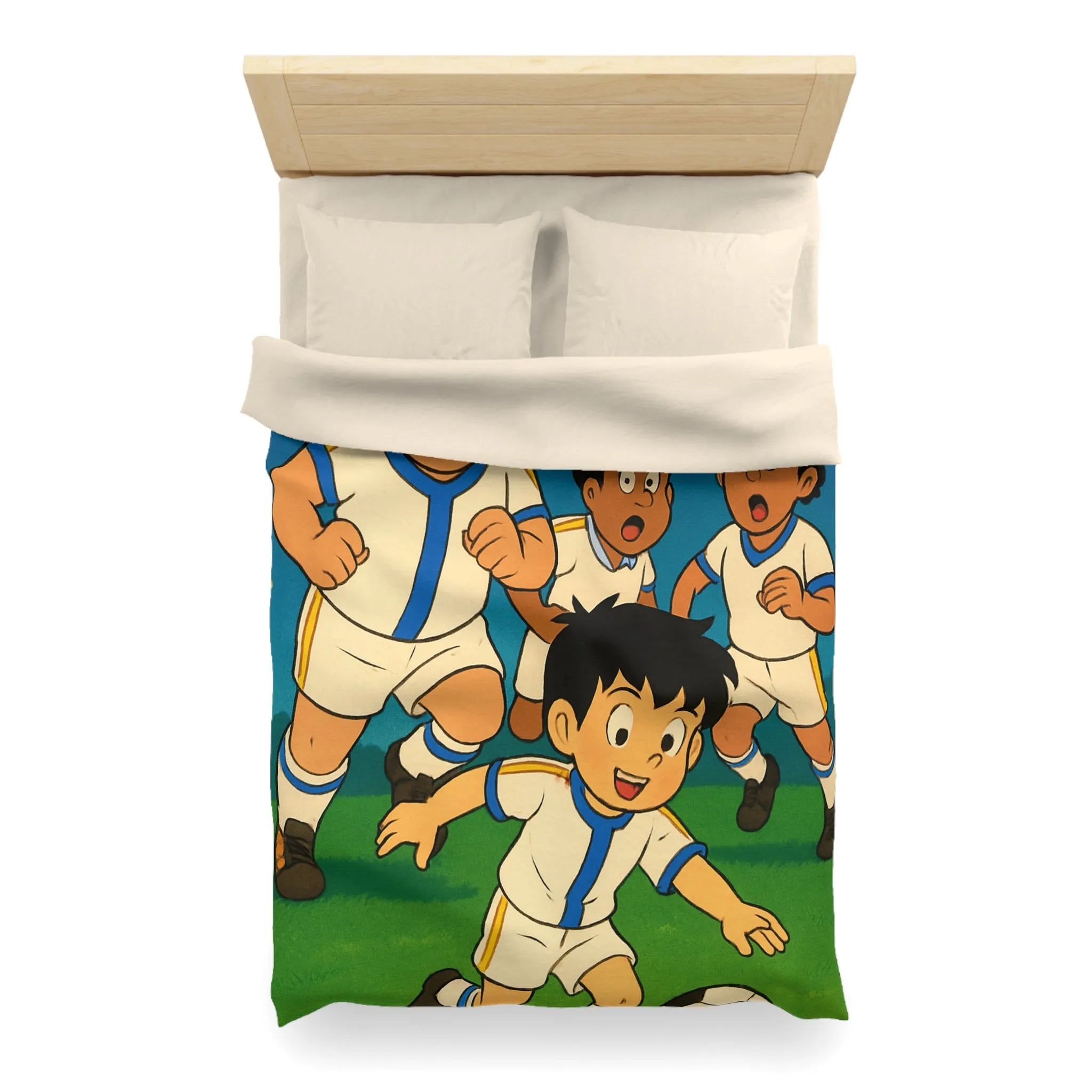 Housse de couette enfant illustrée football garçons jouant sous ciel étoilé nuit
