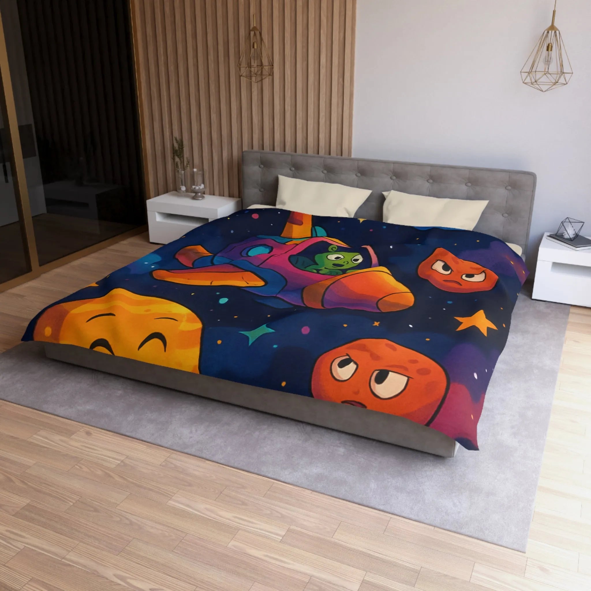 Housse de couette enfant cosmos coloré avec planètes amusantes et fusée extraterrestre