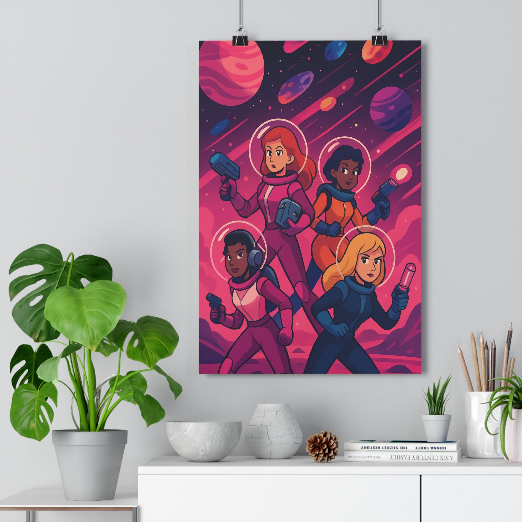 Poster décoratif voyage galactique rose violet futuriste aventure exploratrices espace ciel étoilé chambre tendance