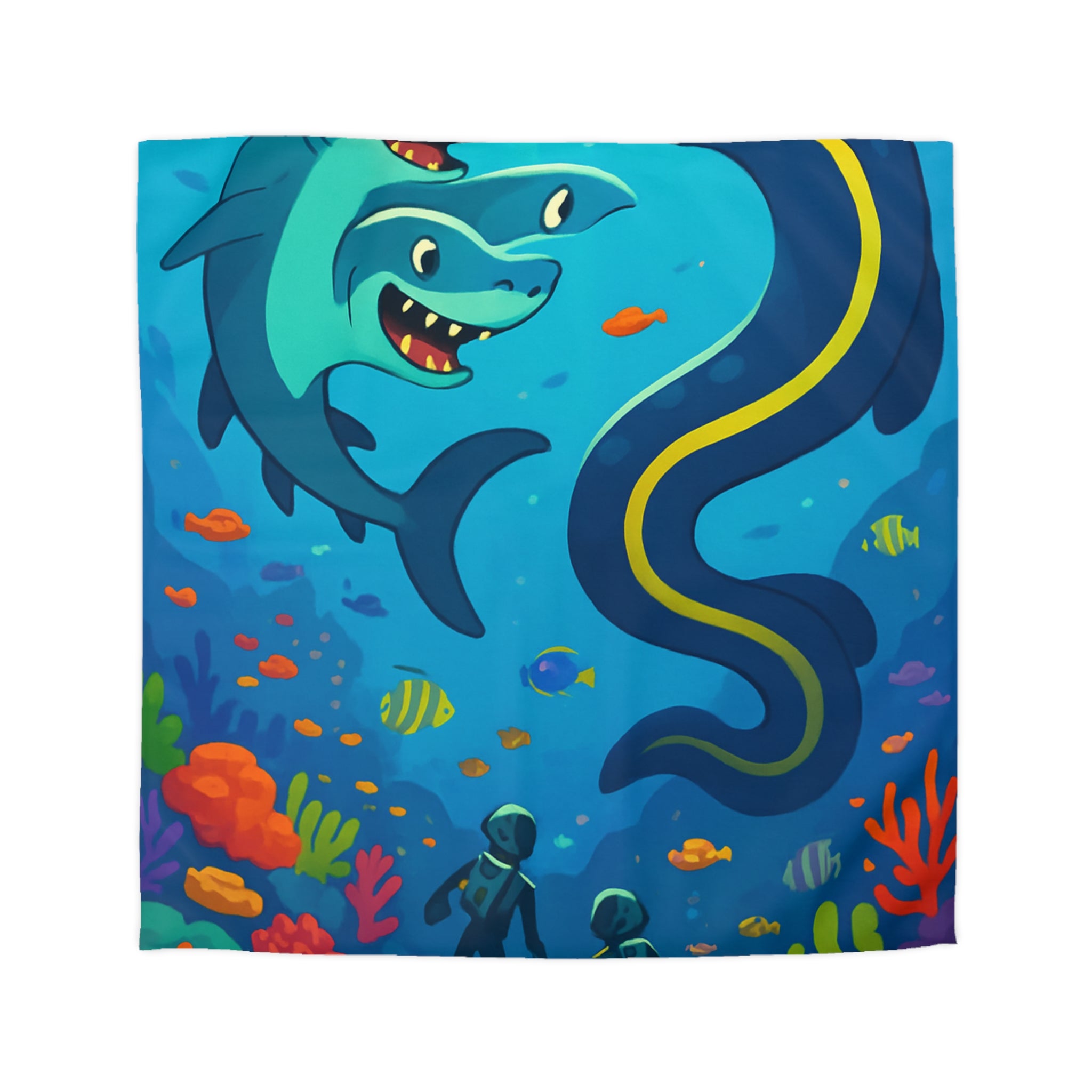 Housse de couette océan vibrante avec requins amicaux et plongeurs explorateurs