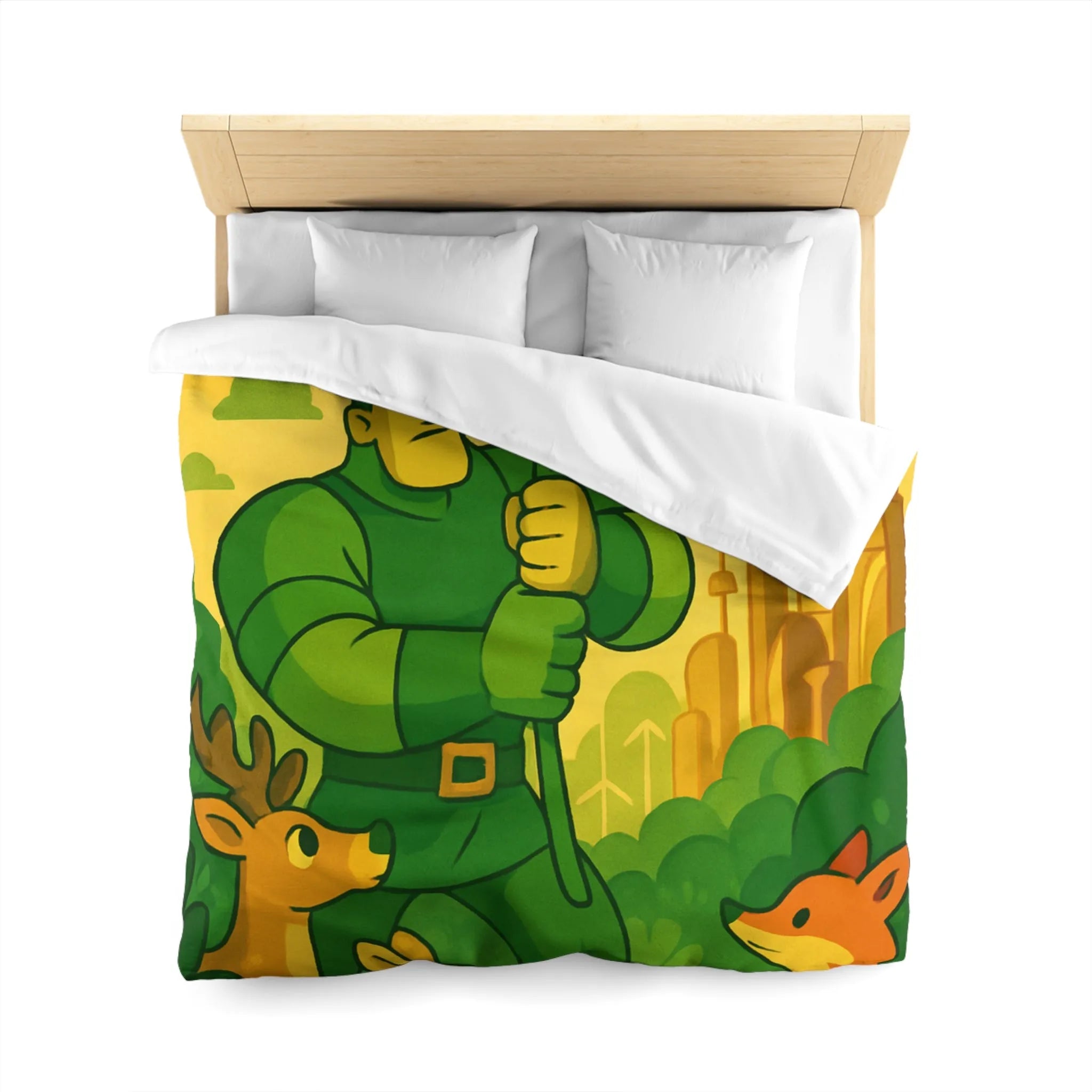 Housse de couette avec illustration végétale et animaux dans une ambiance futuriste naturelle