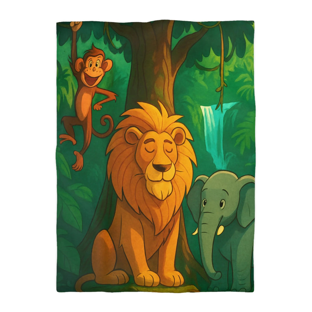 Housse de Couette Jungle Enchantée avec Lion, Singe, Éléphant et Chute d’Eau Magique