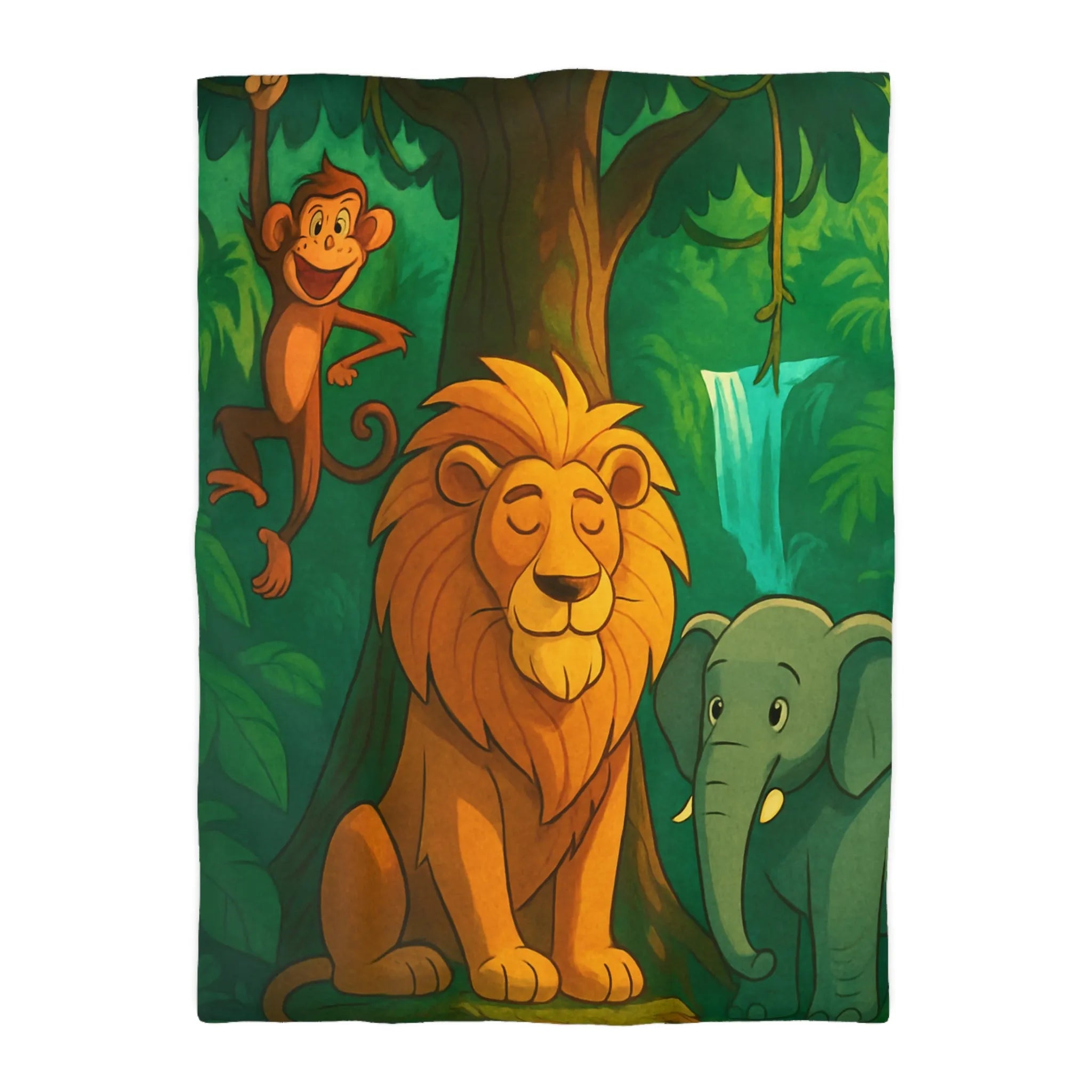 Housse de Couette Jungle Enchantée avec Lion, Singe, Éléphant et Chute d’Eau Magique