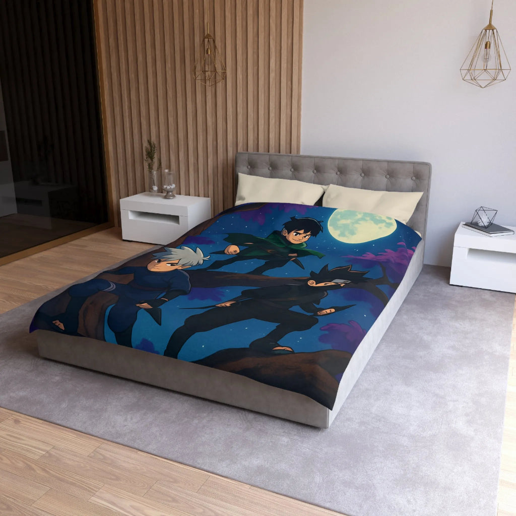 Housse de couette avec trois jeunes ninjas sous la pleine lune et ciel étoilé