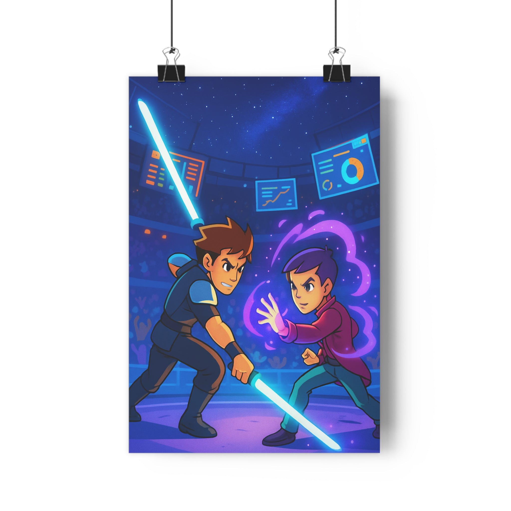 Poster décoratif animé duel futuriste bleu violet énergie épée intense chambre salon captivant qualité