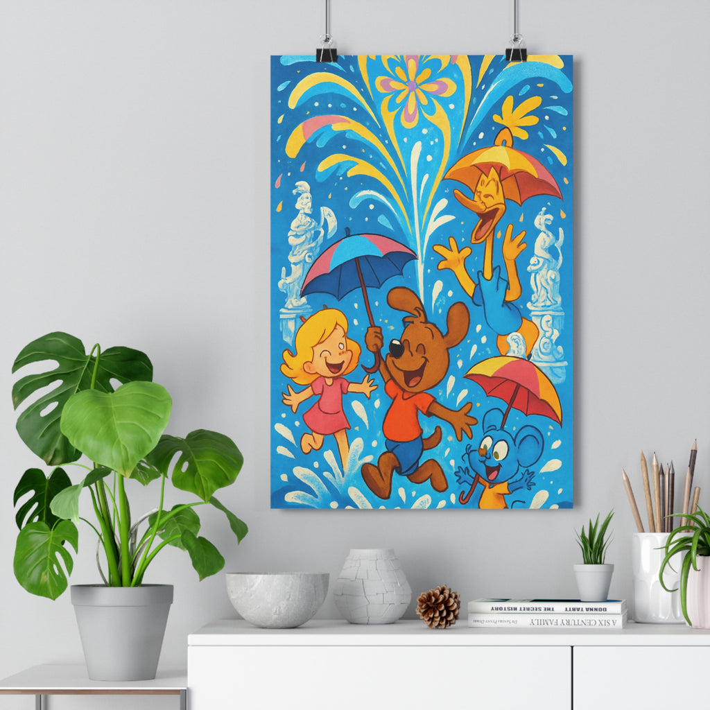Poster décoratif cartoon bleu jaune rose joyeux enfant salle bain personnages dessin animé ludique
