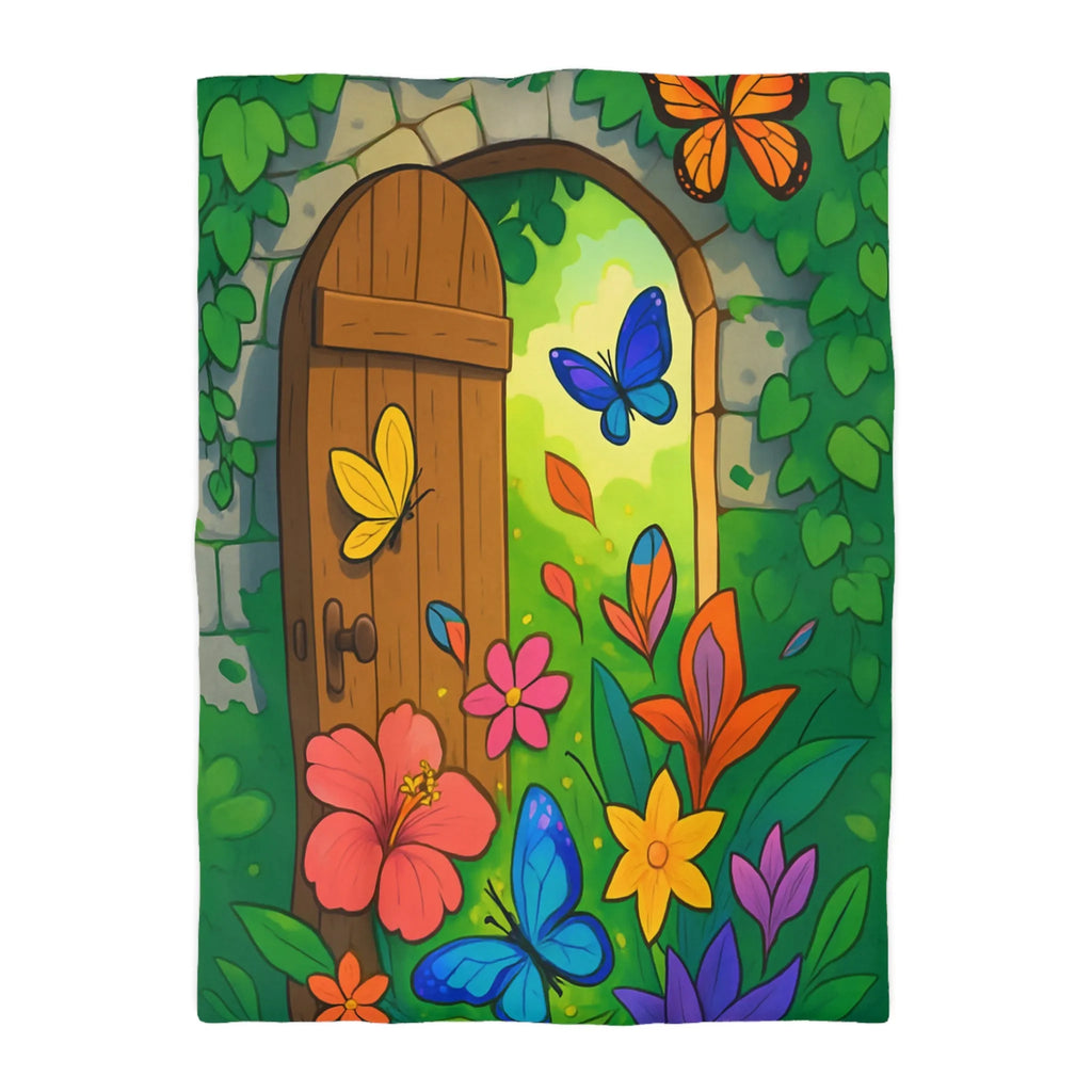 Housse de couette avec papillons colorés et fleurs devant porte de jardin enchanté