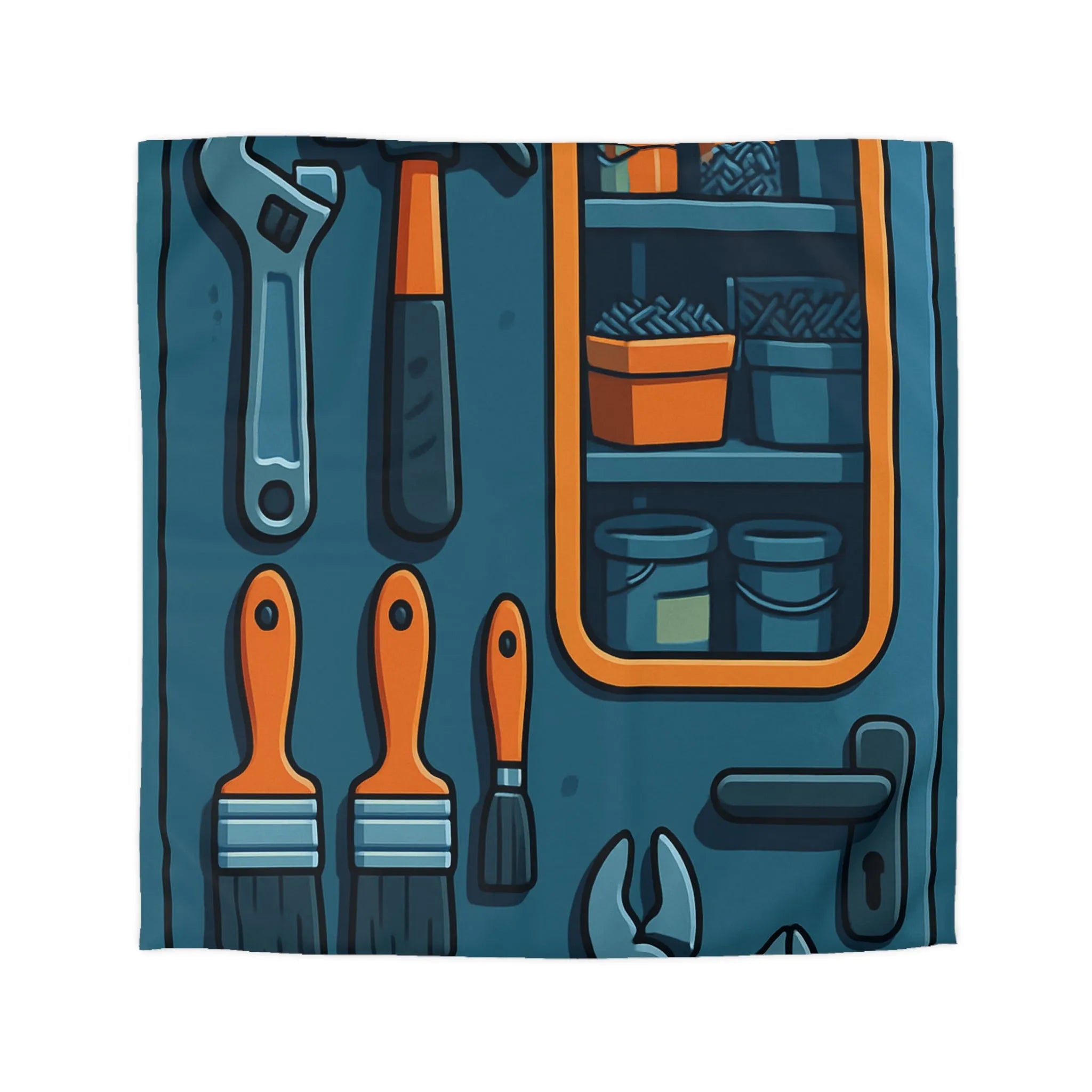 Housse de couette bleue avec outils et étagères pour atelier créatif moderne