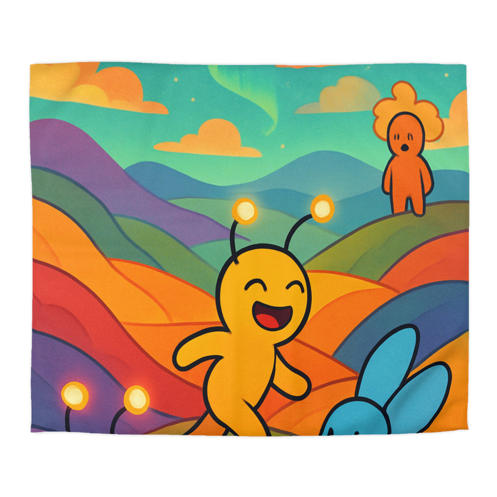 Housse de Couette Vibrante avec Paysage Arc-en-ciel et Personnages Amusants Colorés