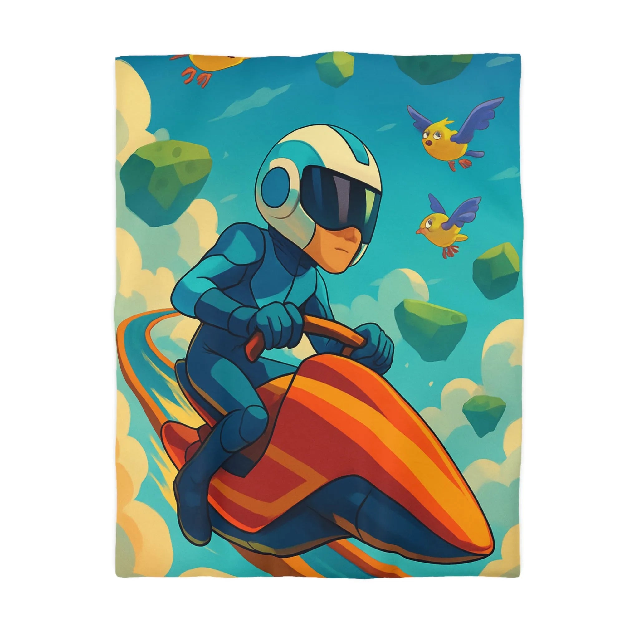 Housse de couette enfant colorée avec pilote et oiseaux dans ciel surréaliste