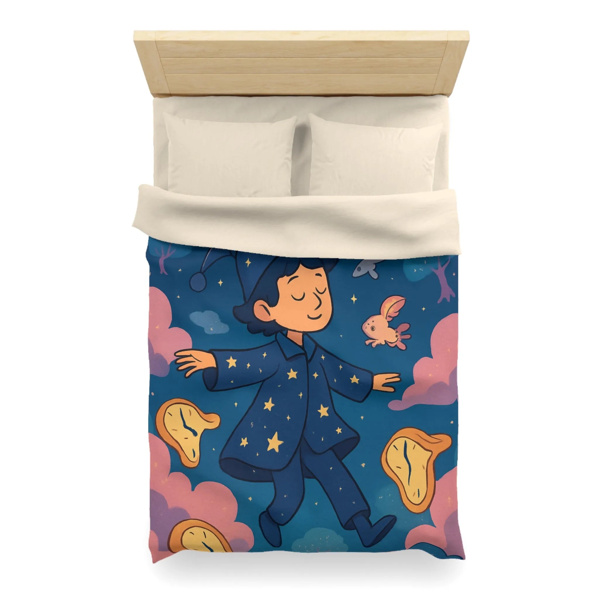 Housse de couette magique avec sorcier enfant rêvant de créatures volantes lunaires