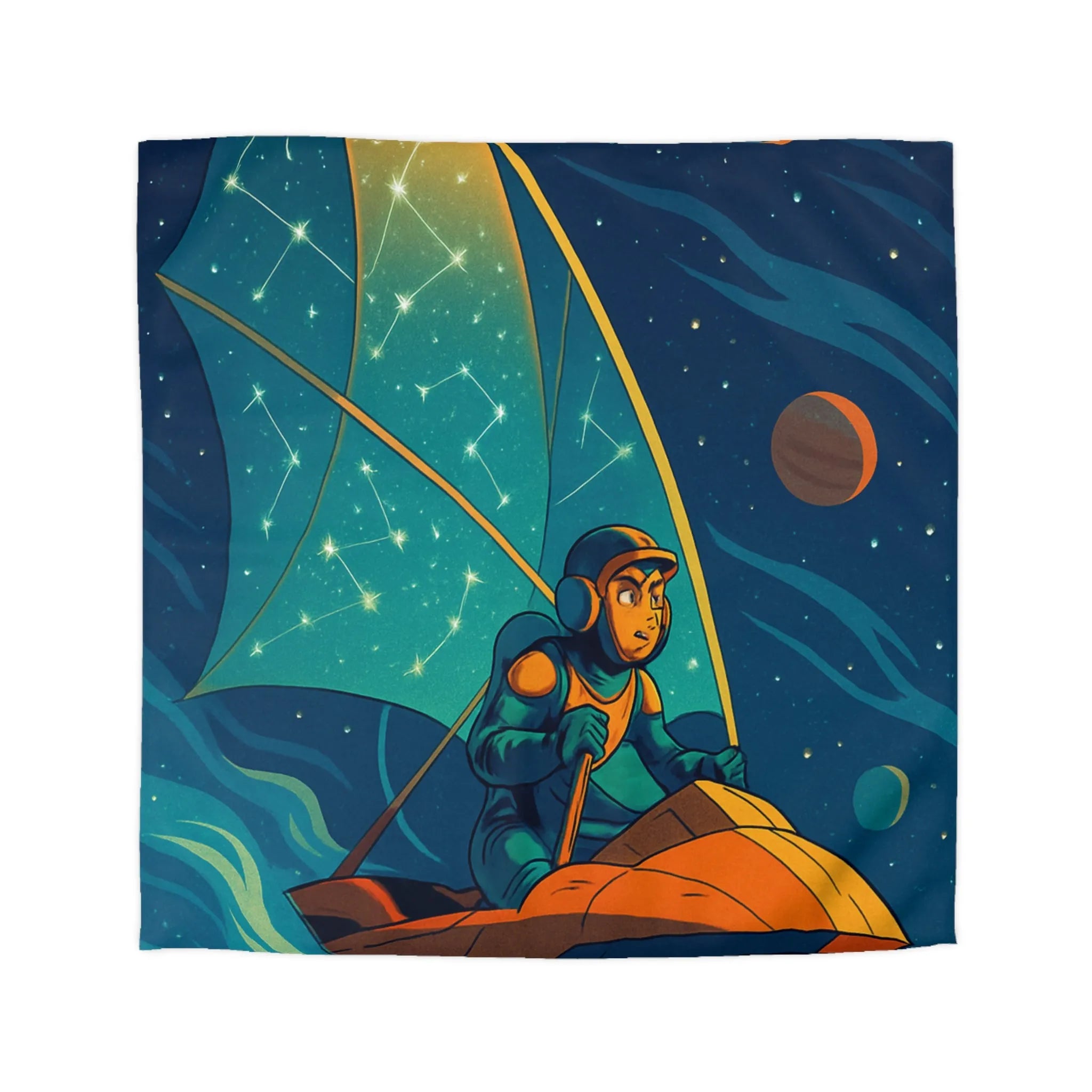 Housse de couette enfant avec cosmonaute naviguant sous la voile céleste étoilée