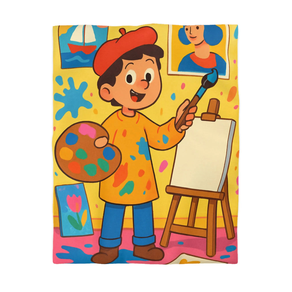 Housse de Couette Colorée avec Motif Artiste Enfant Peignant dans un Atelier Joyeux