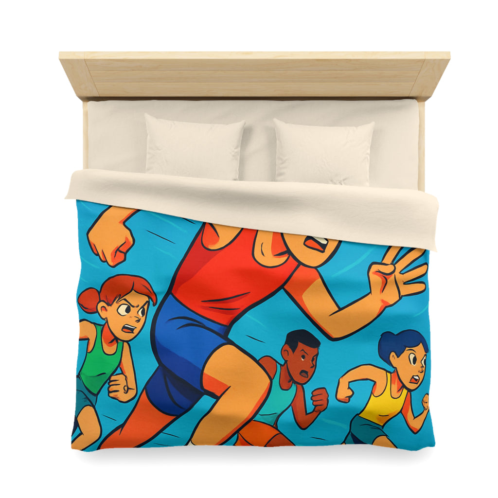 Housse de couette vibrant style bande dessinée enfants courant vers la ligne d'arrivée