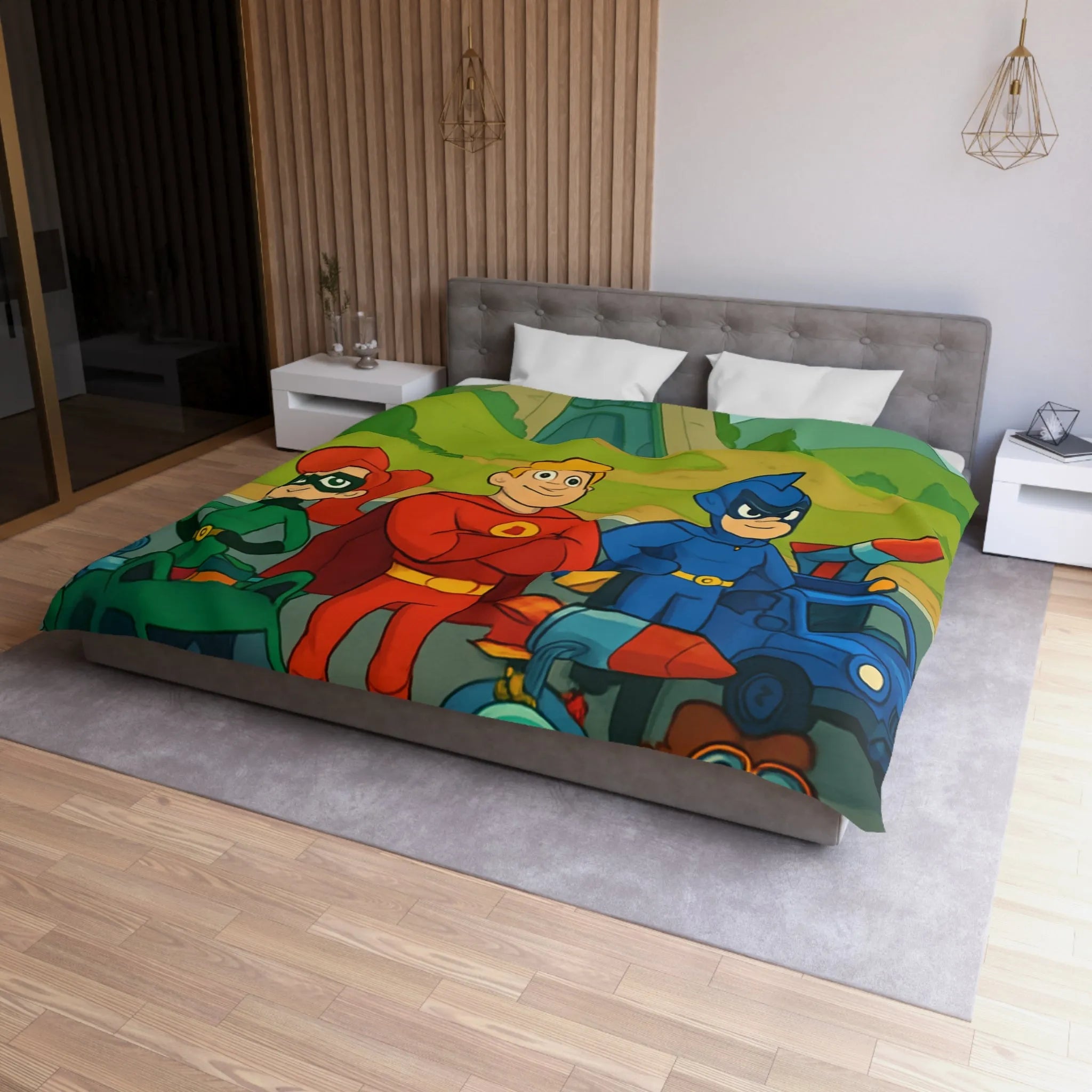 Housse de couette enfant avec super-héros et véhicules colorés dans paysage cartoon vibrant