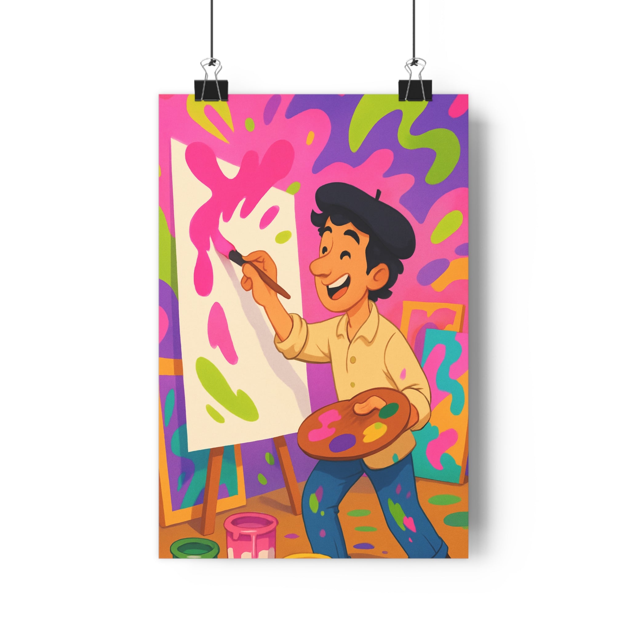 Poster décoratif cartoon rose vert violet joyeux enfant bureau artiste créatif expressif 30x46 cm