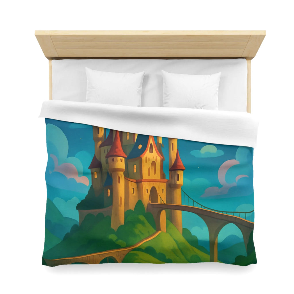 Housse de couette château féerique illuminé par la lune dans un paysage enchanteur nocturne