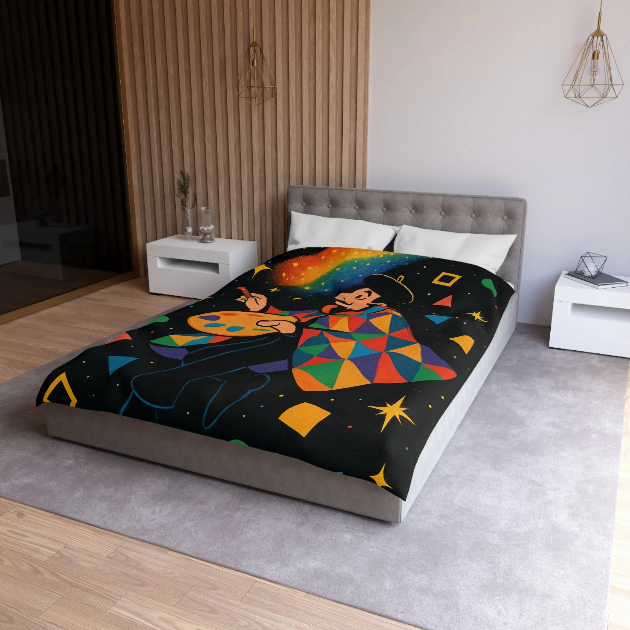 Housse de couette artiste colorée avec motifs géométriques et ciel étoilé magique