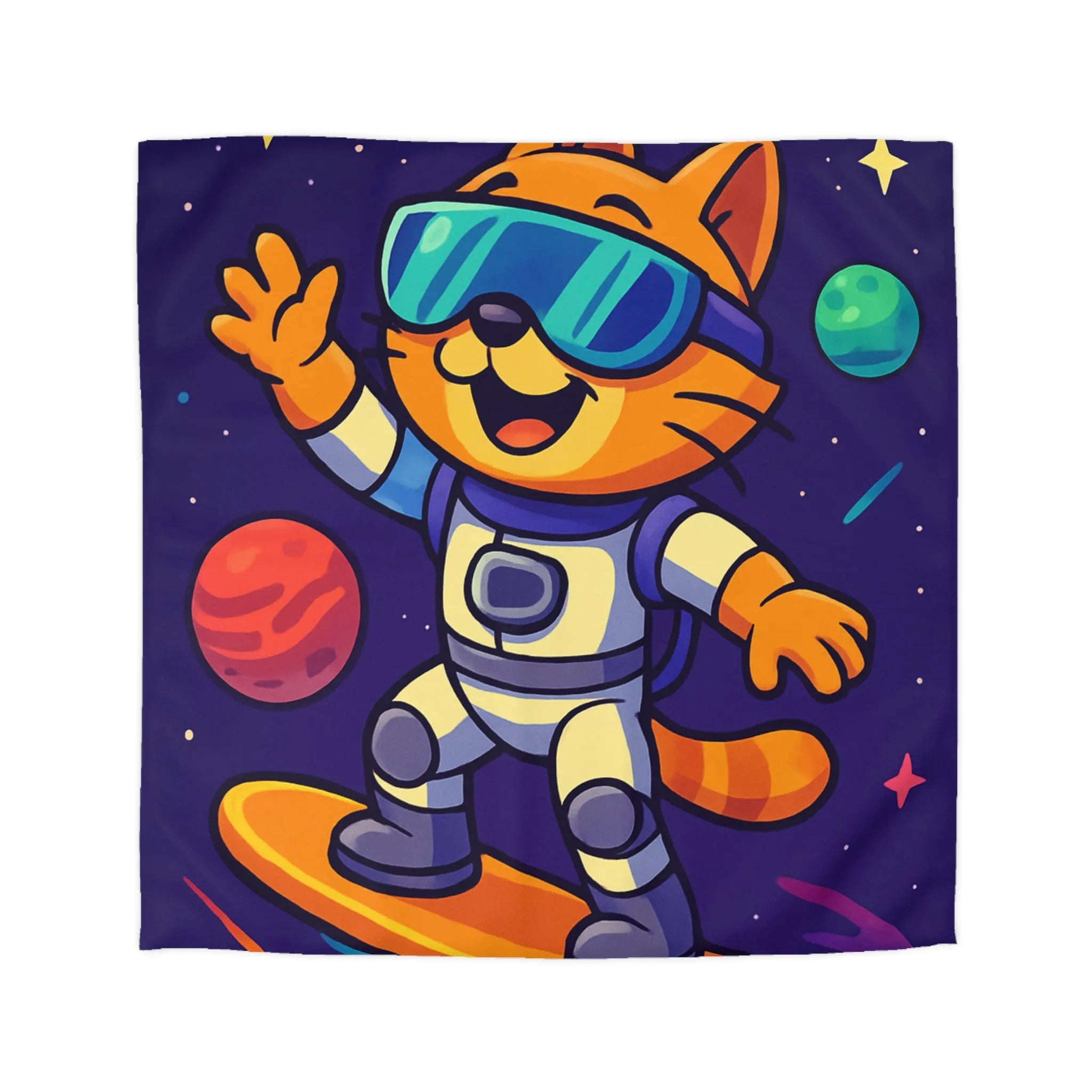 Fantaisie féline spatiale : chat en combinaison surfe sur l'univers étoilé coloré