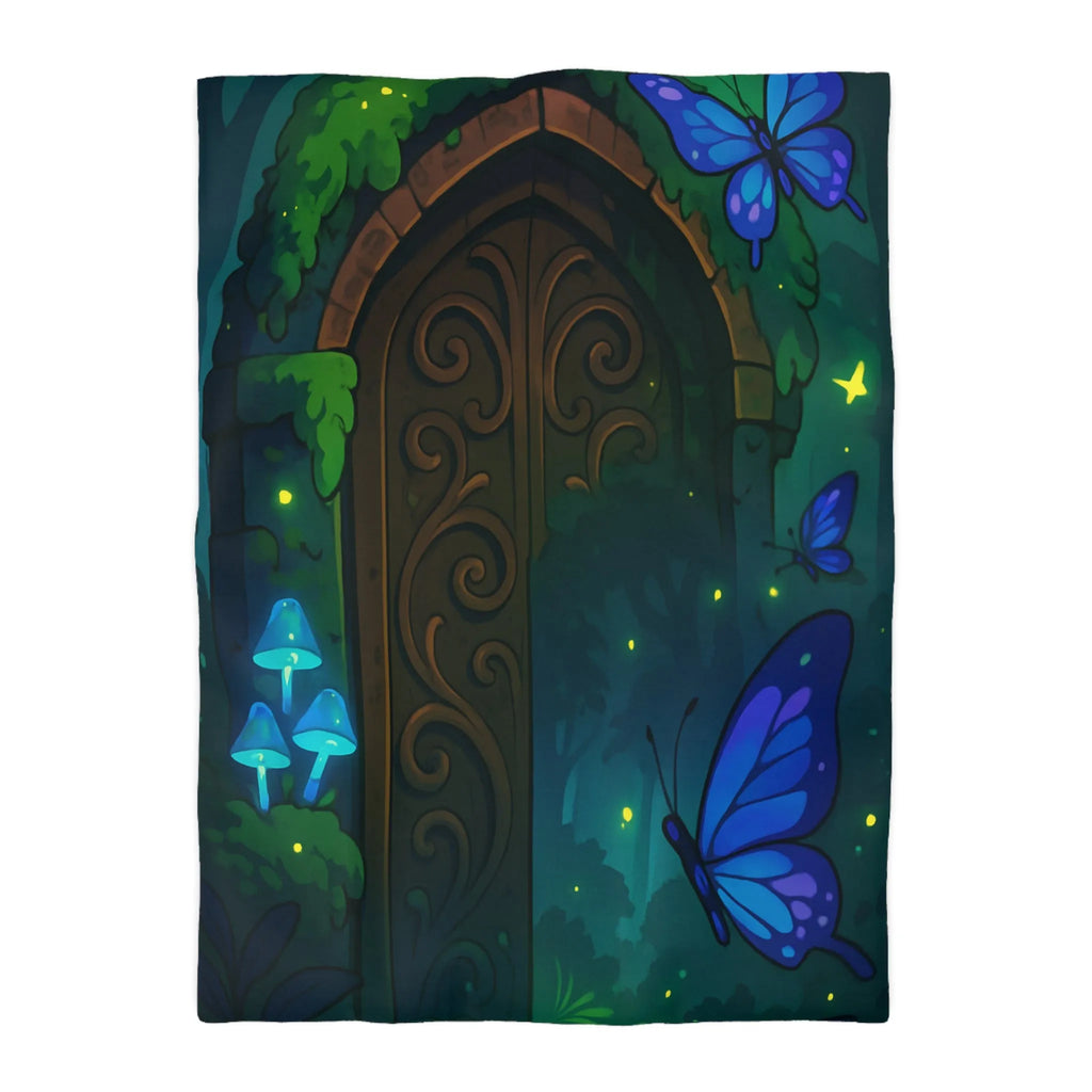 Housse de couette magique bleu papillons et porte en bois mystérieuse forêt enchantée