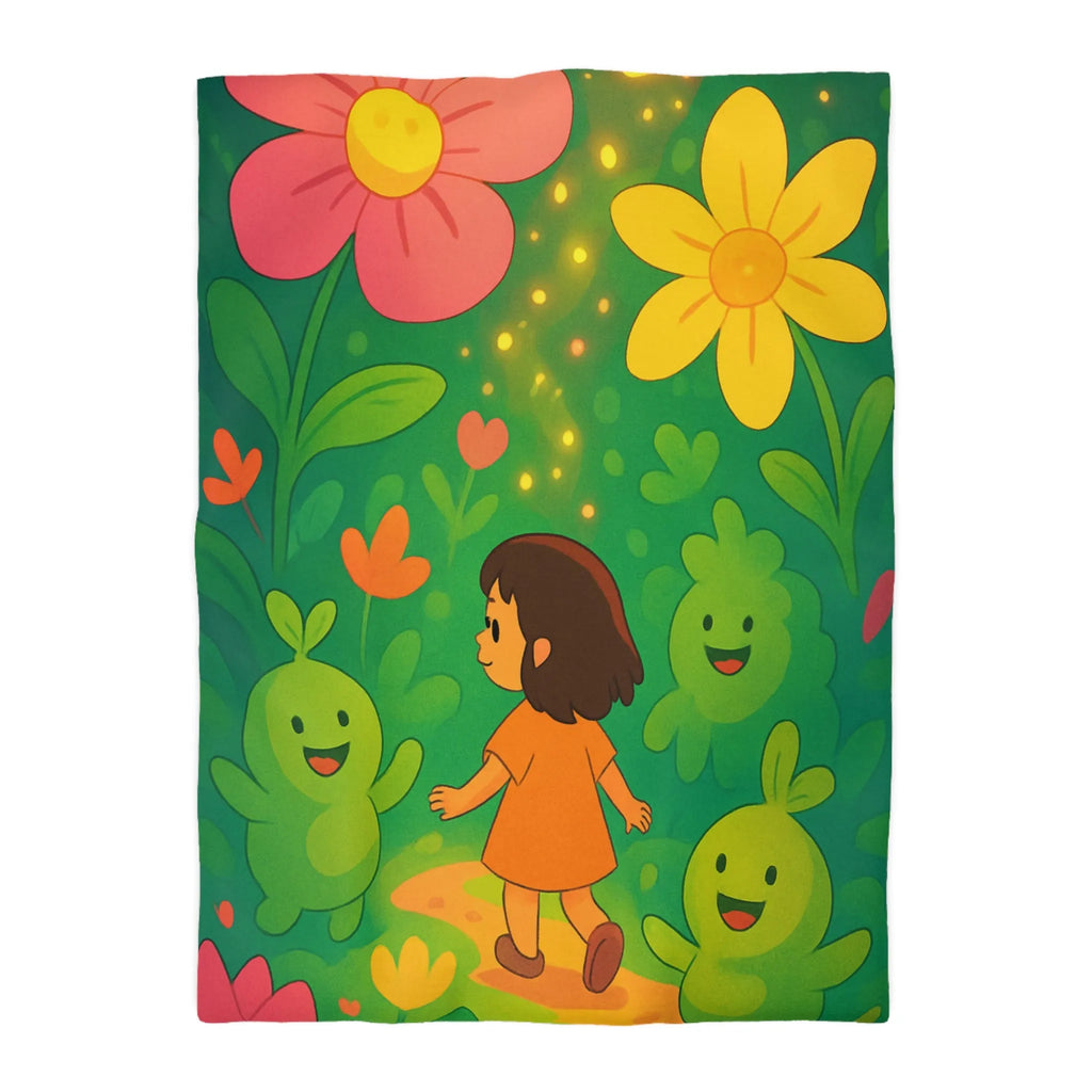 Housse de couette enfant avec fleurs colorées et créatures joyeuses dans forêt magique